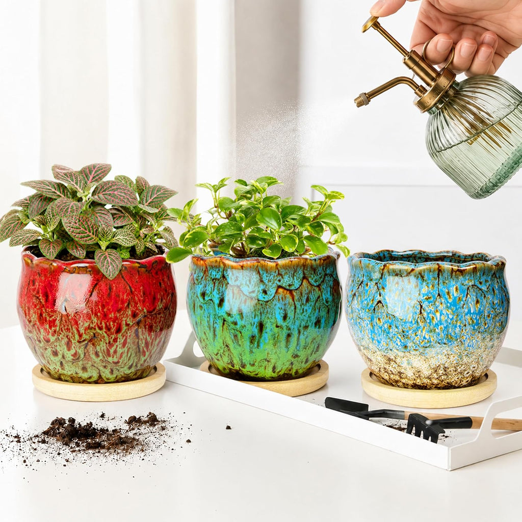ARTKETTY Succulent Pots, 4 Inch Plant Pots with Drainage Tray | Small Ceramic Pots for Indoor Plants Set of 4, Round
