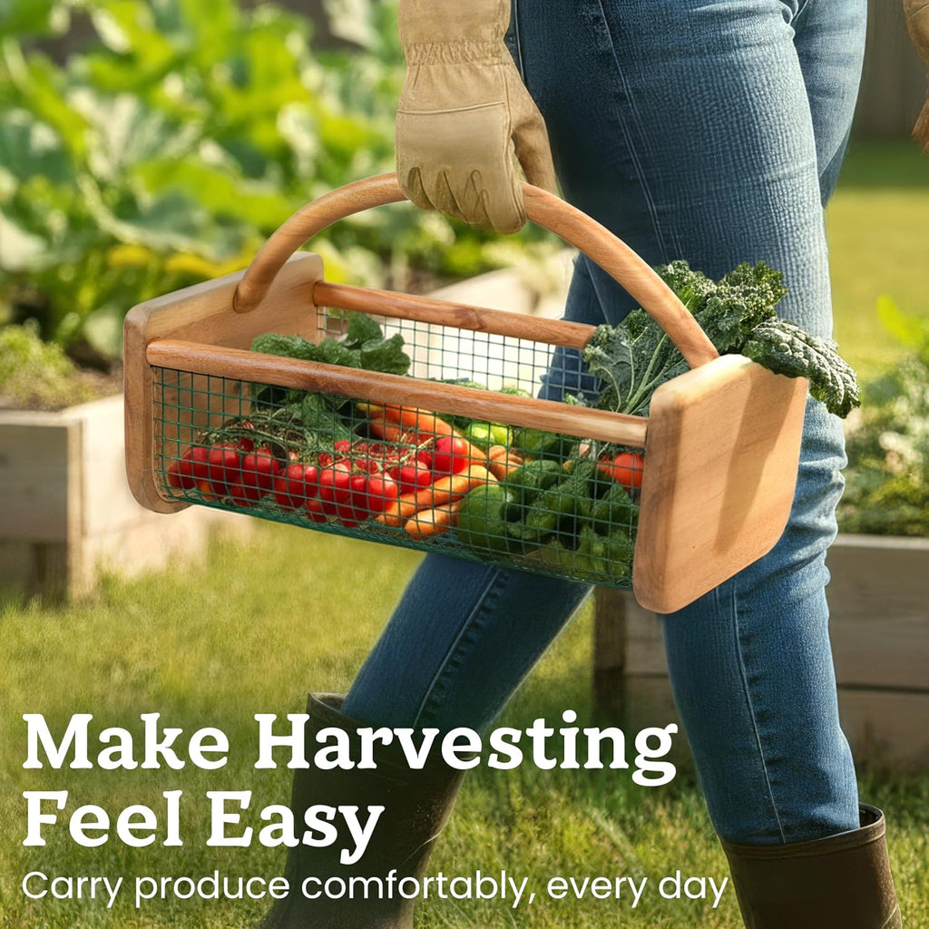 HOMESTEAD Garden Hod Harvest, Durable Acacia Wood Frame with Rotating Handle Basket, Farmhouse Basket for Home