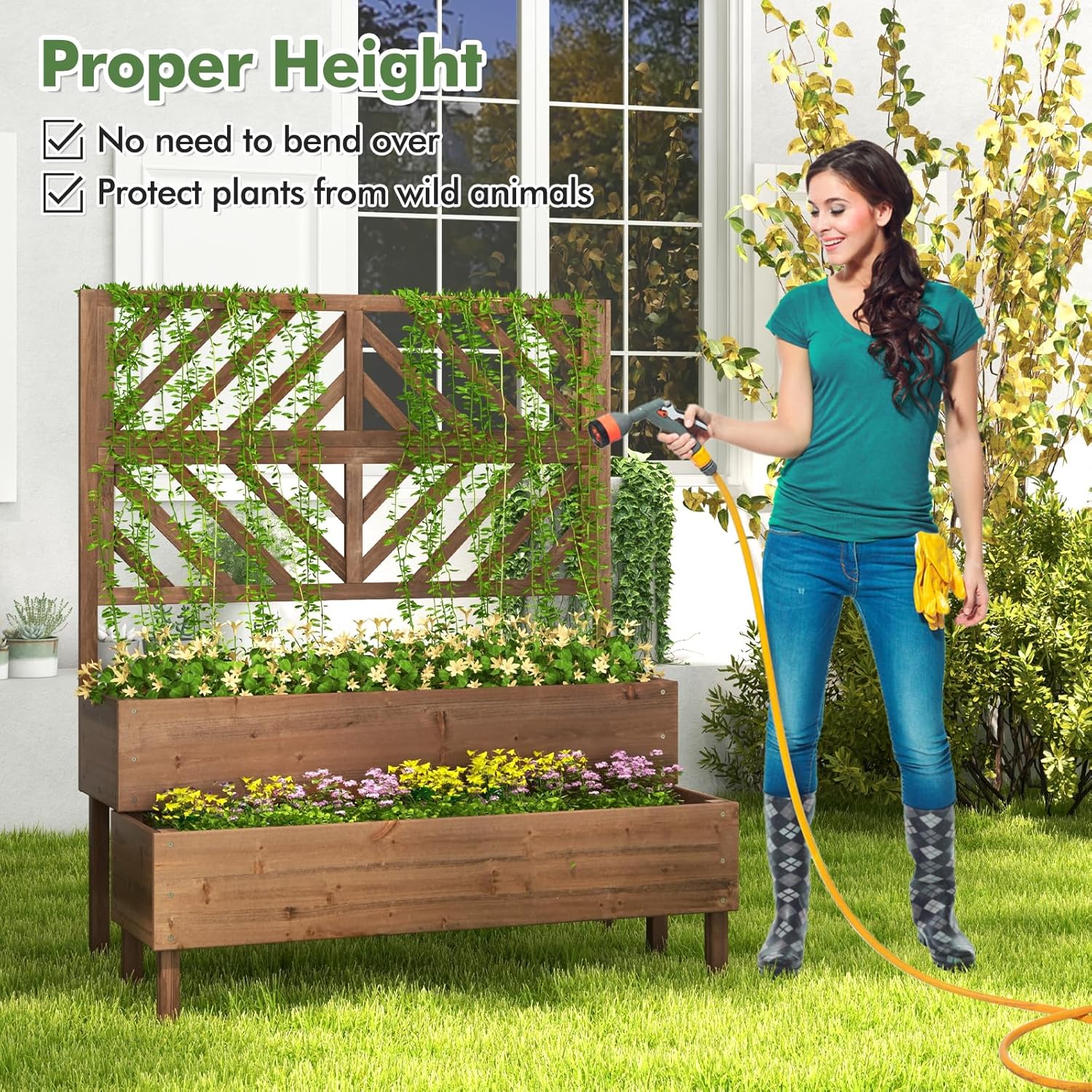 Raised Garden Bed with Trellis & 2 Planter Boxes, 2-Tier Outdoor Wooden Elevated Planter Box with Legs & Drainage