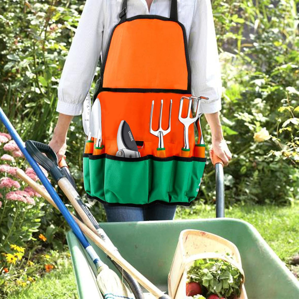 UKOKE Garden Tool Set, 12 Piece Aluminum Hand Tool Kit, Garden Canvas Apron with Storage Pocket, Outdoor Tool, Heavy