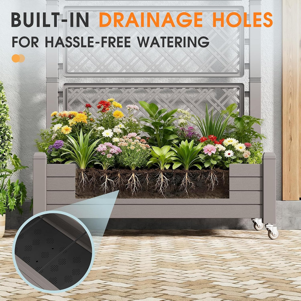 Resin Raised Garden Bed with Trellis and Wheels - Plasitc Planter Box with Trellis Outdoor with Drainage Holes & Water