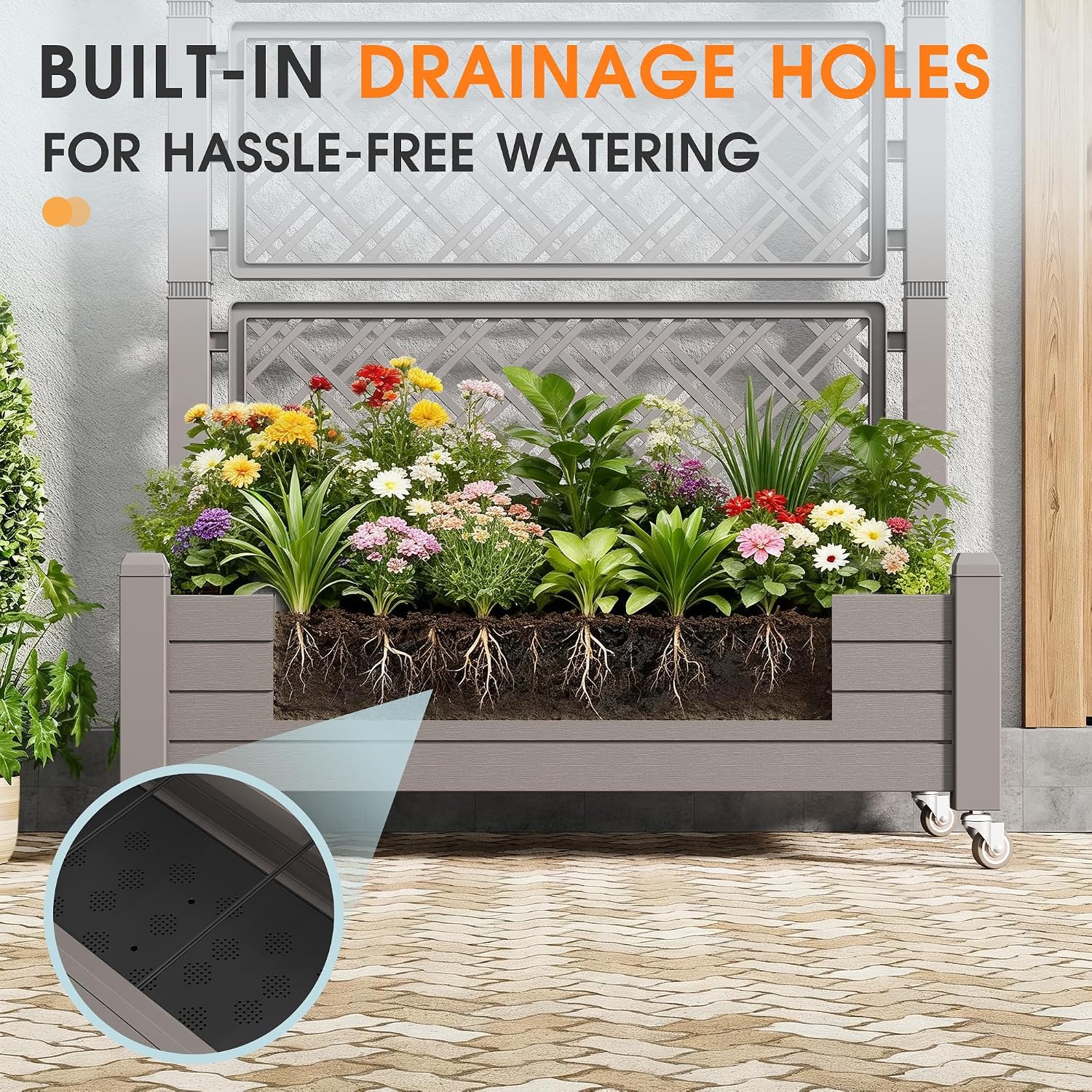 Resin Raised Garden Bed with Trellis and Wheels - Plasitc Planter Box with Trellis Outdoor with Drainage Holes & Water