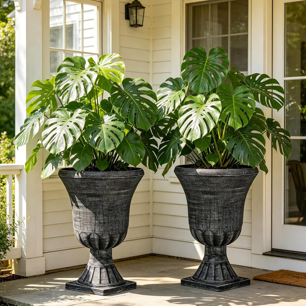 Autodaya 22" Tall Urn Planters for Outdoor Plants Set of 2 Large Flower Pot | 3D Textured Washed Black Pedestal Outdoor