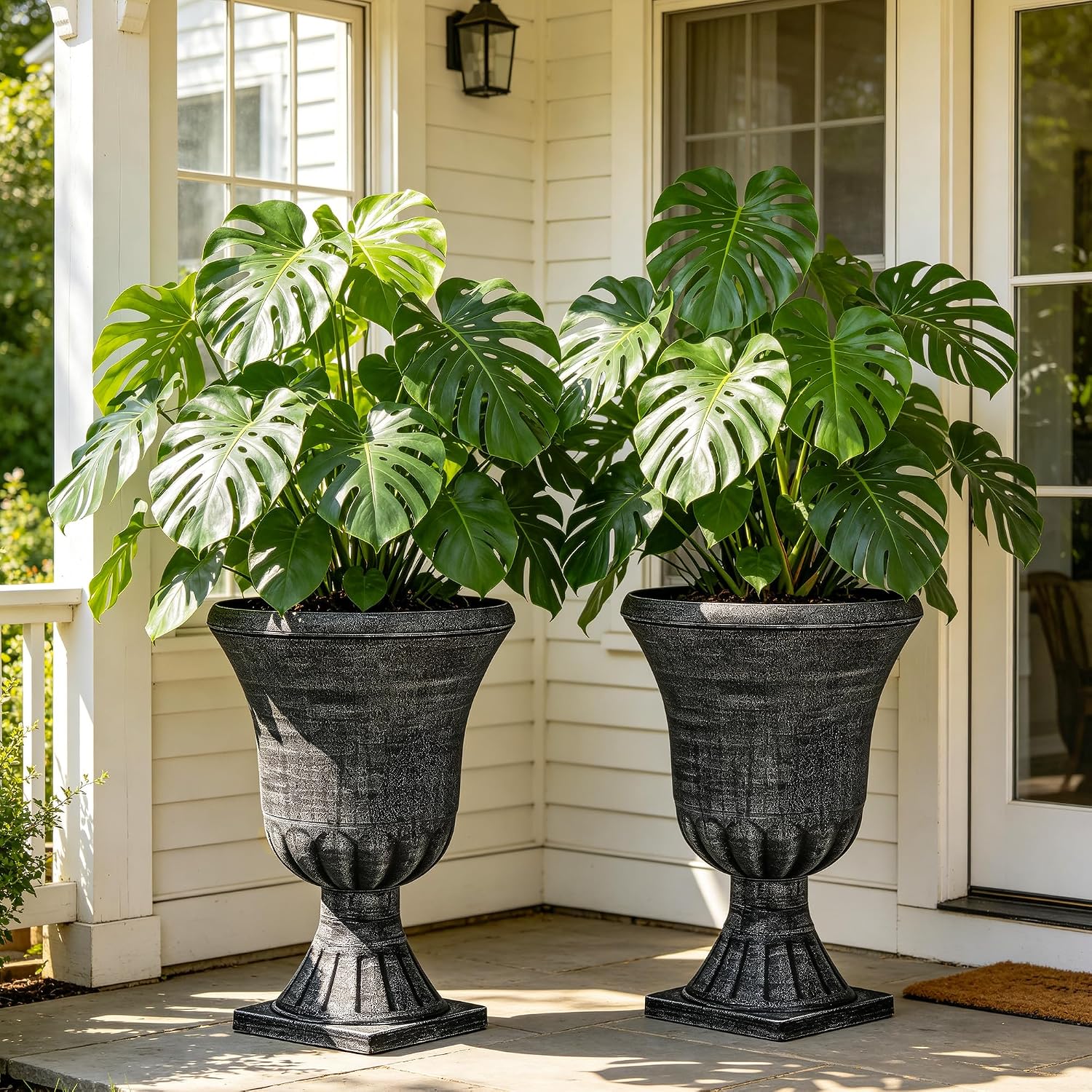 Autodaya 22" Tall Urn Planters for Outdoor Plants Set of 2 Large Flower Pot | 3D Textured Washed Black Pedestal Outdoor