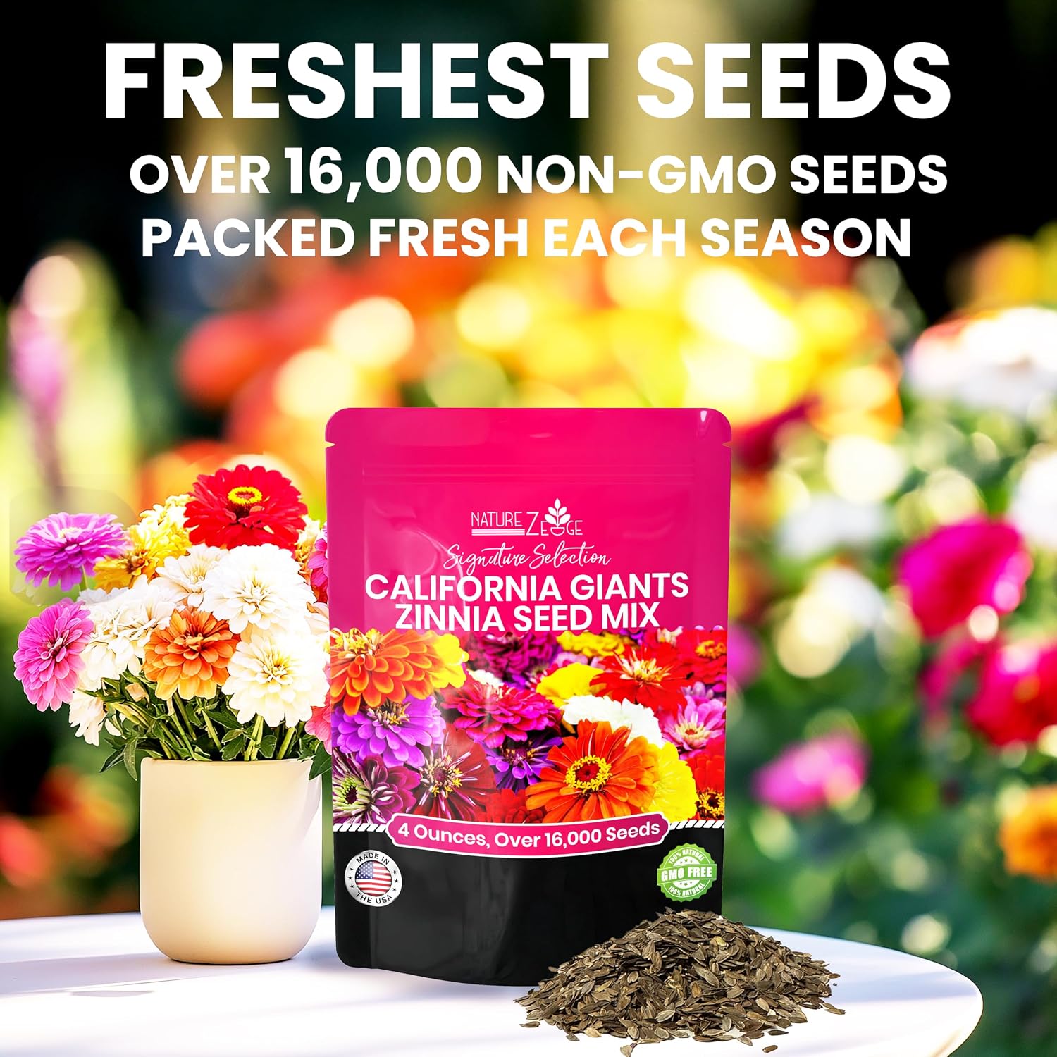 NatureZ Edge Zinnia Seeds for 2026 Planting Outdoors, Over 16,500 Flower Seeds, 1/4 lb, Non GMO Made in USA, Bulk