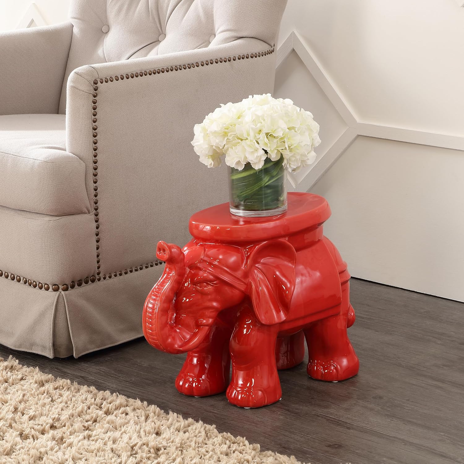 JONATHAN Y White Elephant Ceramic Garden Stool 14.25", Red | Weather Resistant Indoor Outdoor Patio Side Table, Plant