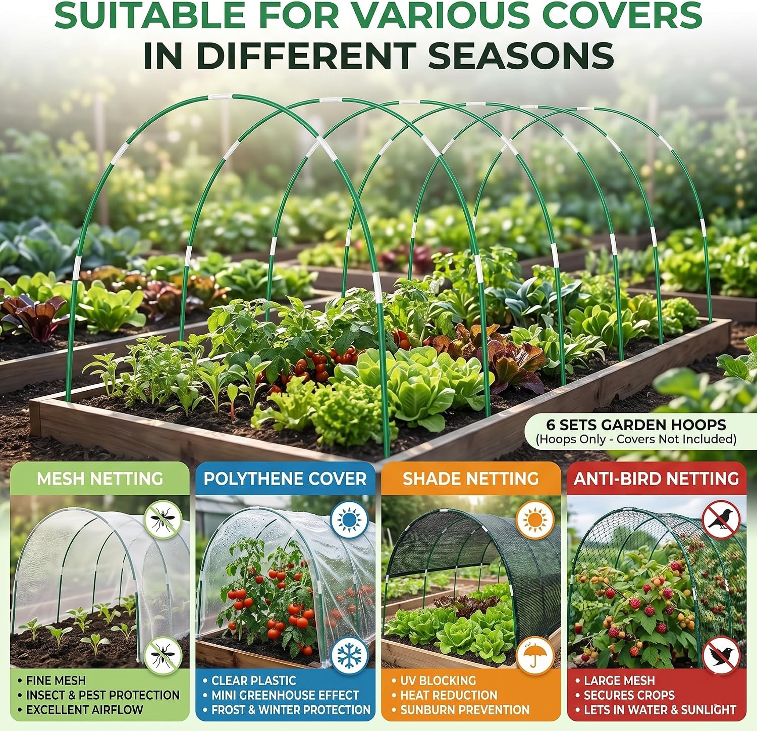 60PCS Garden Hoops for Raised Beds & 30PCS Tomato Clips, Greenhouse Hoops for Netting, Rust-Free Diameter 0.23” Plant