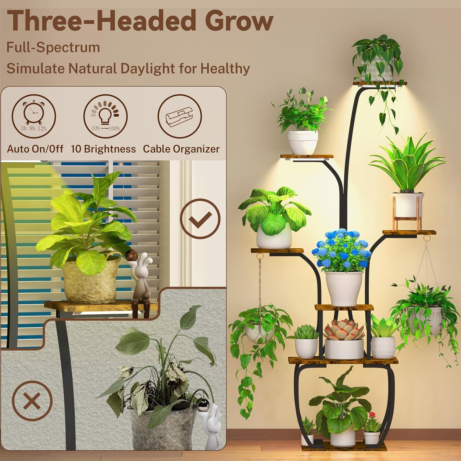 Plant Stand Indoor with Grow Lights, 7 Tiered 55" Tall Plant Shelf, Heavy Duty Metal Corner Flower Pot Holder Rack