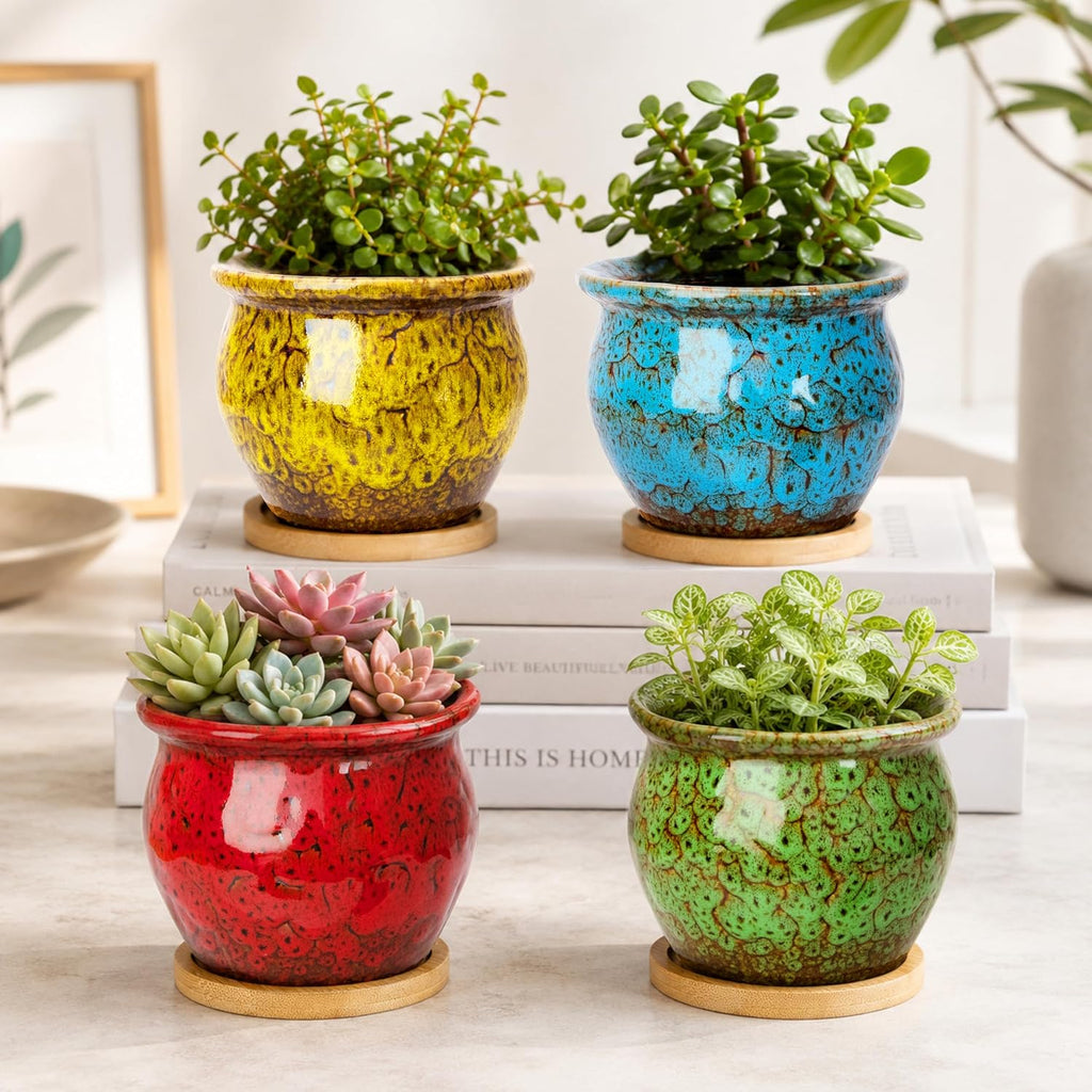 ARTKETTY Succulent Pots, 4.5'' Small Plant Pots with Drainage Tray | Glazed Flower Pots Set of 4, Ceramic Pots for