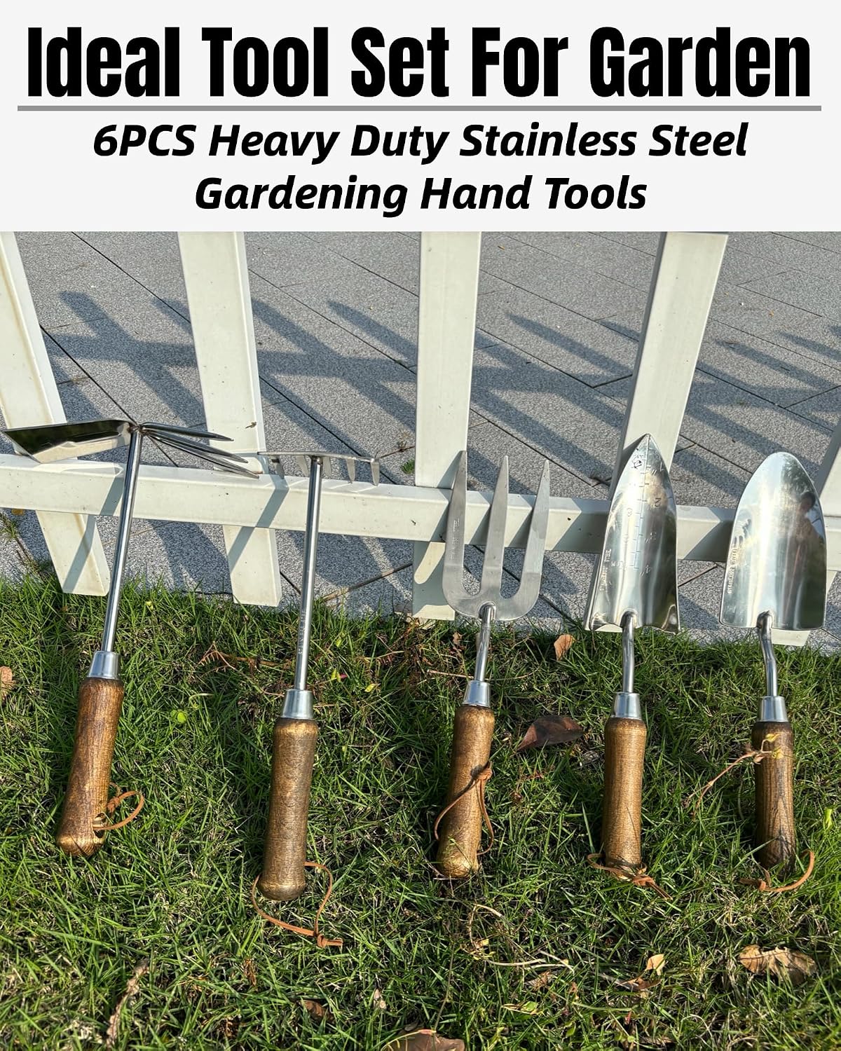 Garden Tool Set, 6PCS Heavy Duty Stainless Steel Gardening Hand Tools with Ropes, Includes Hand Cultivator Shovel