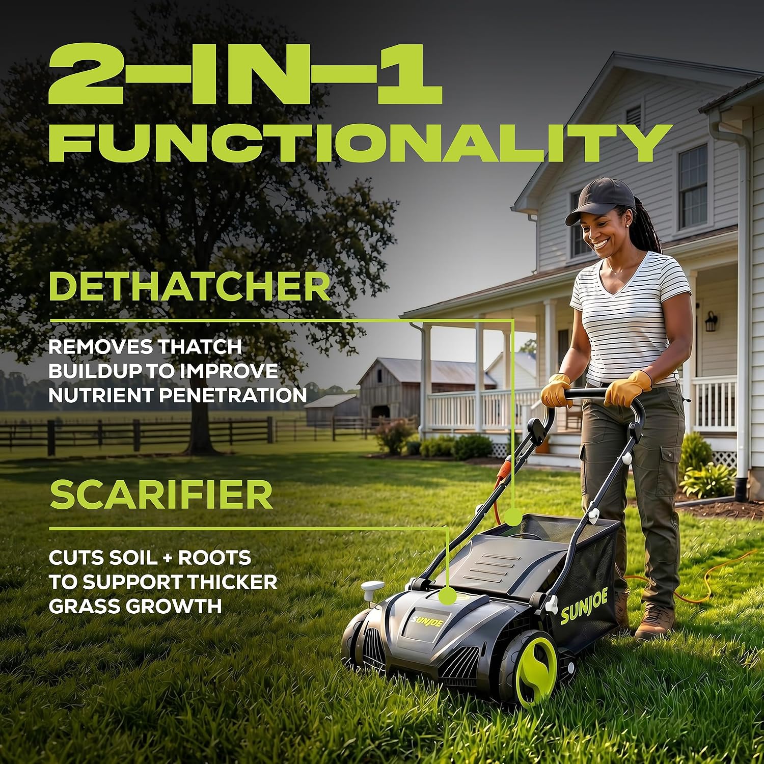 Sun Joe 15-Inch Lawn Dethatcher with Scarifier Blade Reel, AJ805E | and Collection Bag - 13-Amp Corded Yard Power Rake