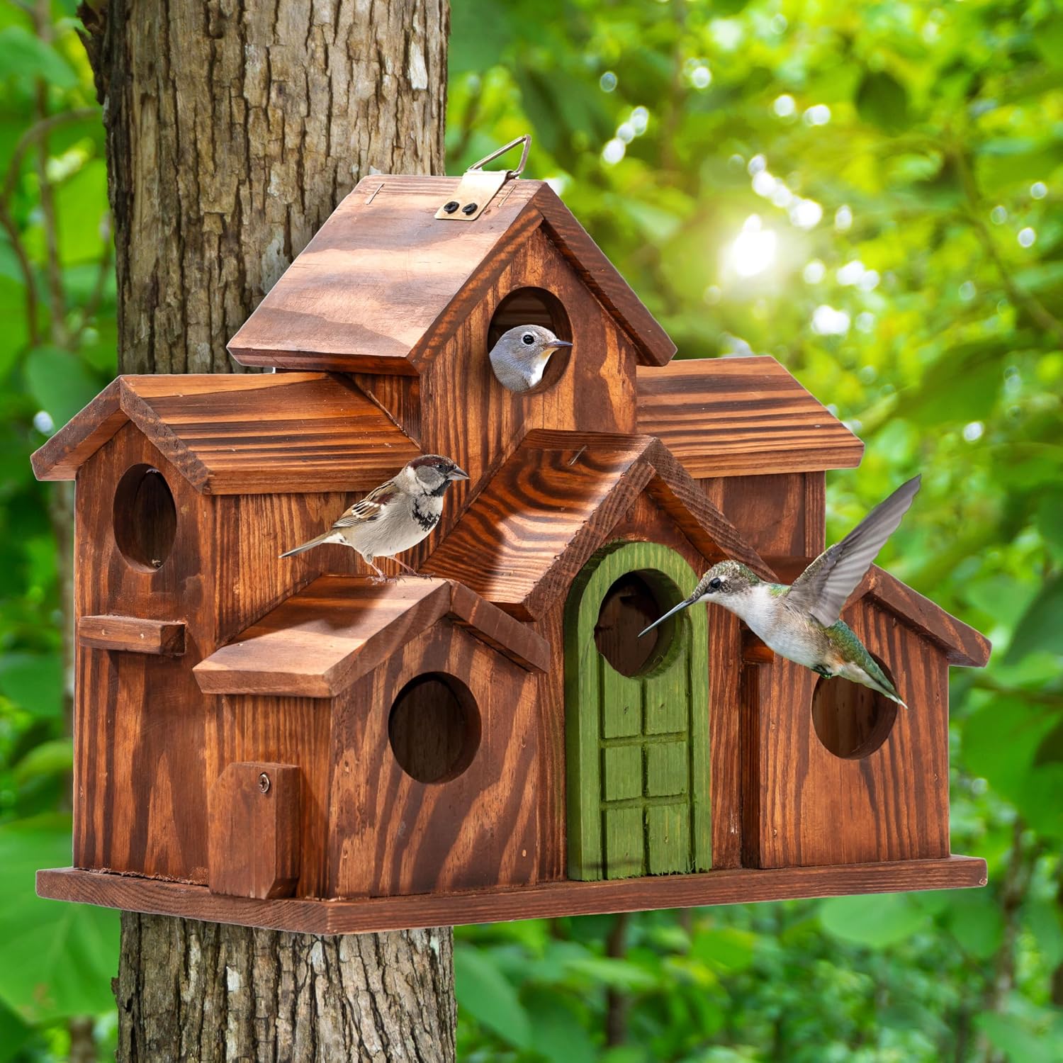 MIXUMON Bird House Outdoor, 6-Room Wooden Birdhouse for Outdoors & Outside, Carbonized Pine Wood Bird Houses with 1.57”