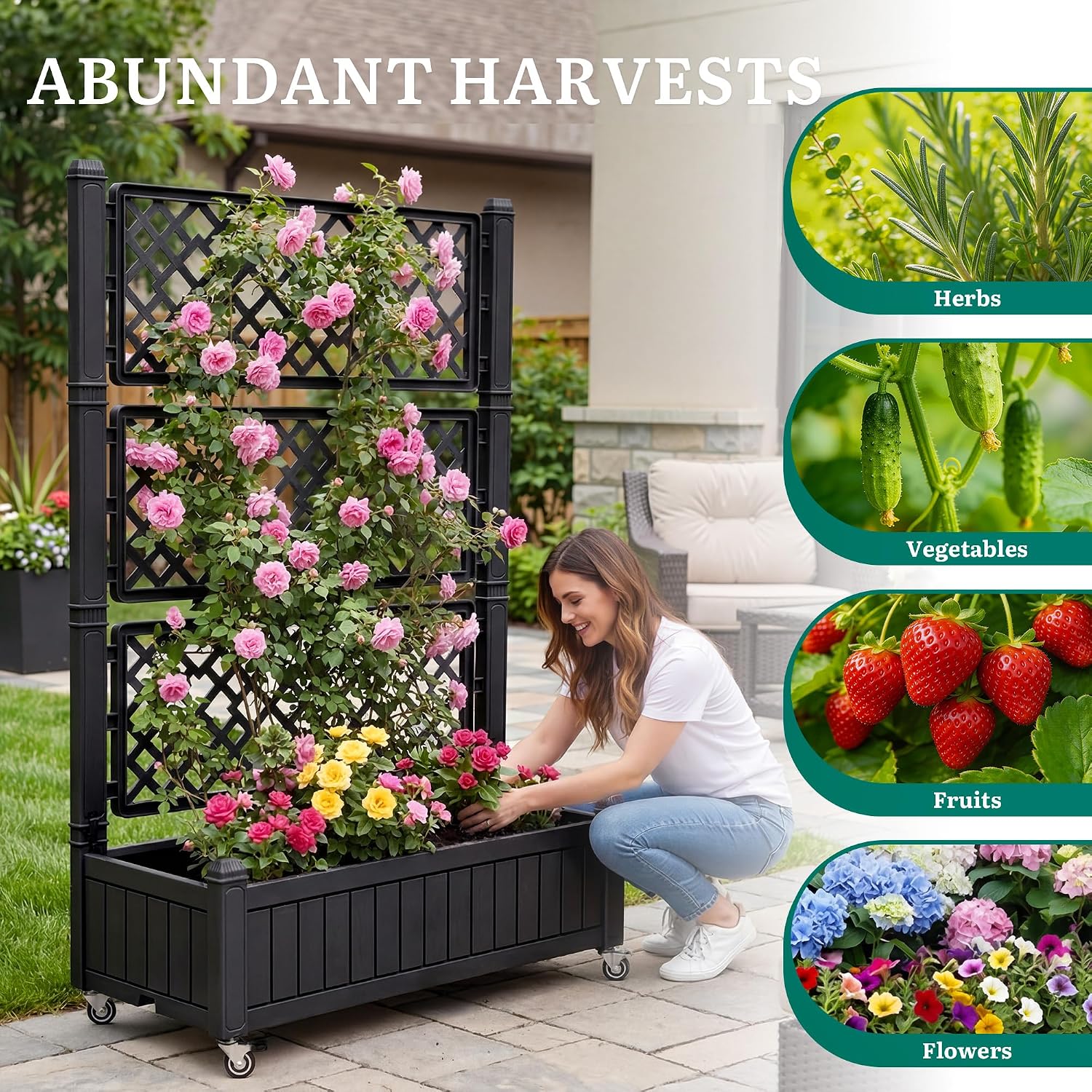 YITAHOME 43.3x17.7x61 in Planter Trellis Box with Wheels & Drain Plug, Outdoor Resin Raised Garden Bed for Climbing