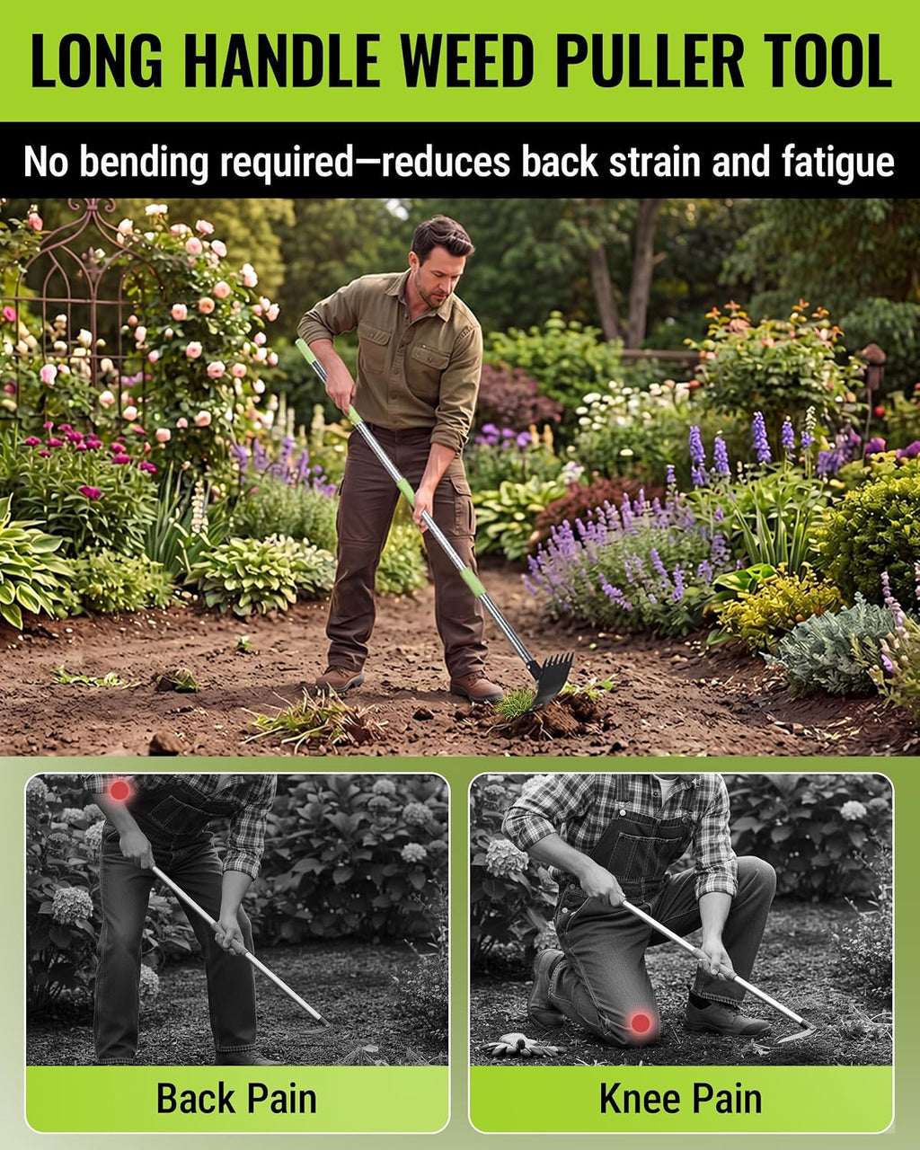 WORKPRO Weed Puller Tool with Long Handle, 2-in-1 Garden Hoe & Weed Rake | 29"-56" Adjustable Manual Weeding Tool