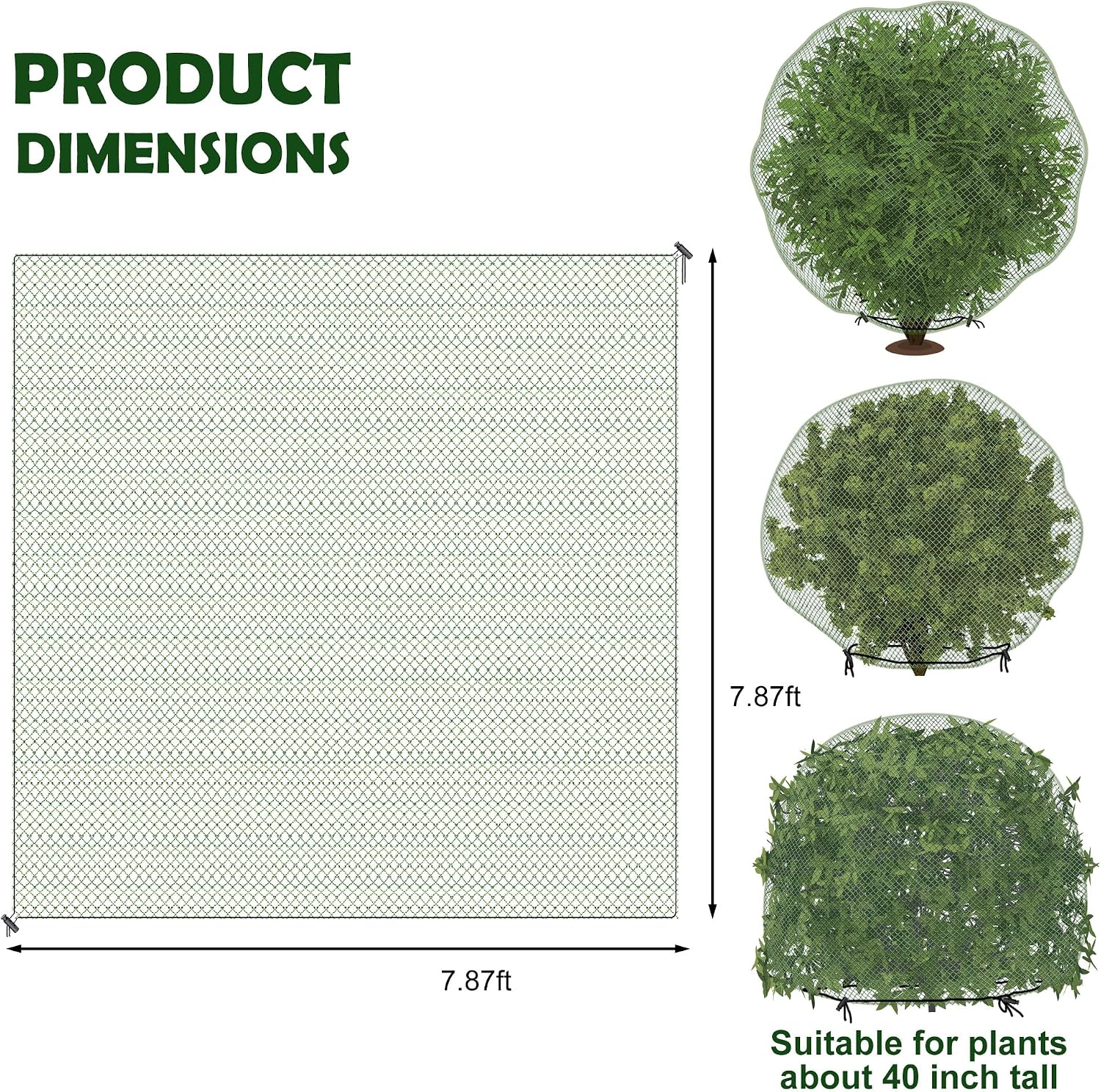 codree 3 Pcs Deer Netting for Shrubs- 7.8 x 7.8 Ft Deer Plant Netting Cover- Reusable Garden Plants Mesh Netting to