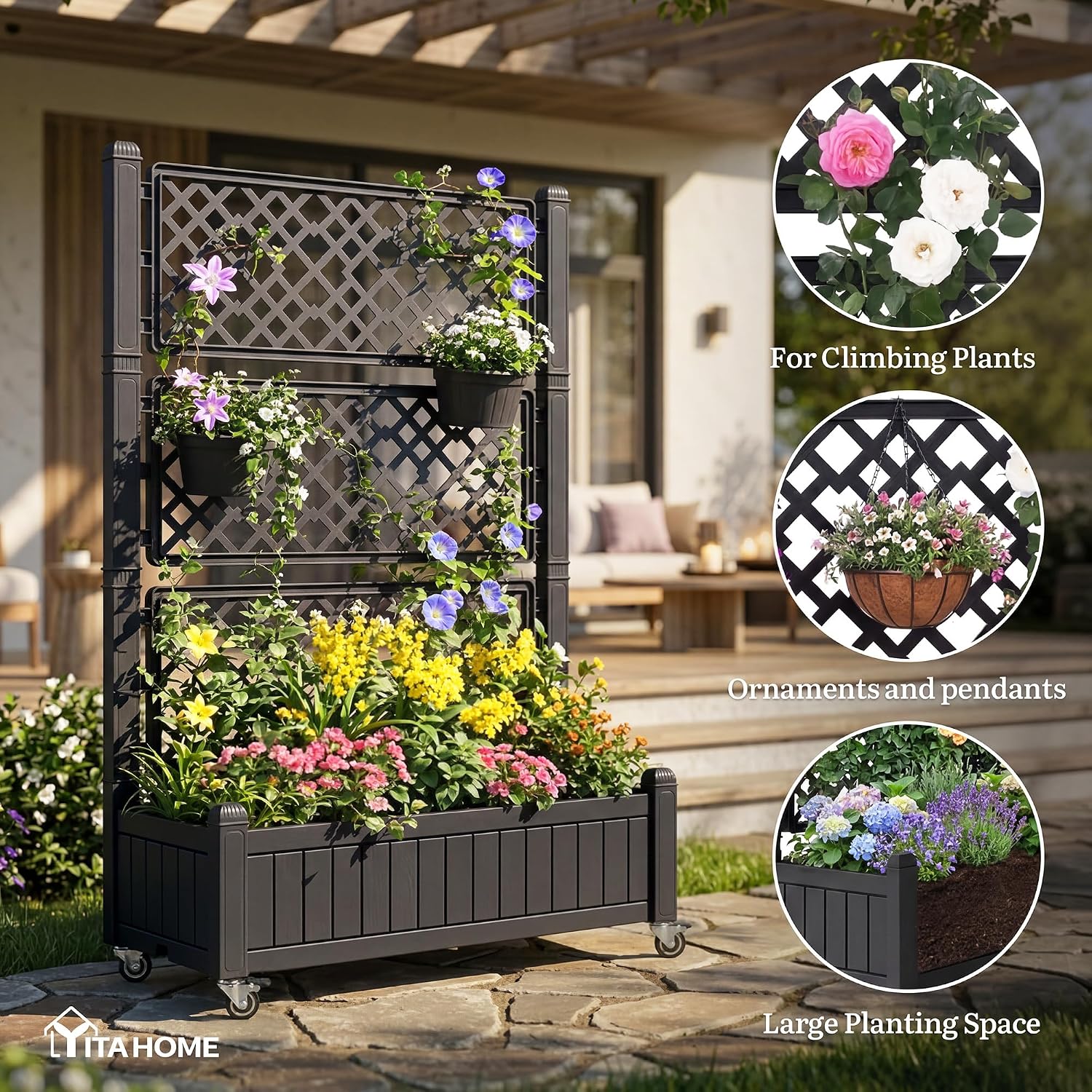 YITAHOME 43.3x17.7x61 in Planter Trellis Box with Wheels & Drain Plug, Outdoor Resin Raised Garden Bed for Climbing