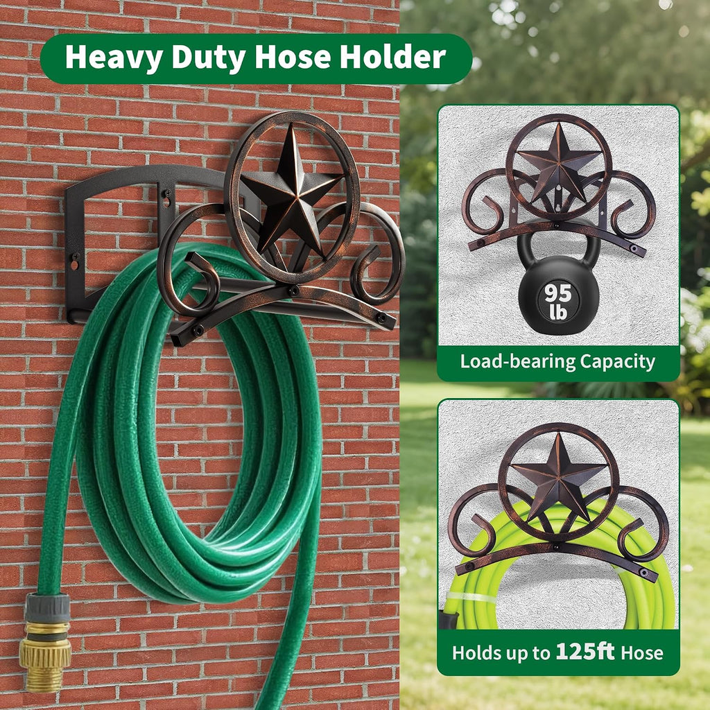 Garden Hose Holder Wall Mounted Decorative, Heavy Duty Metal Hose Hanger for Outside, Sturdy Water Hose Rack Holds