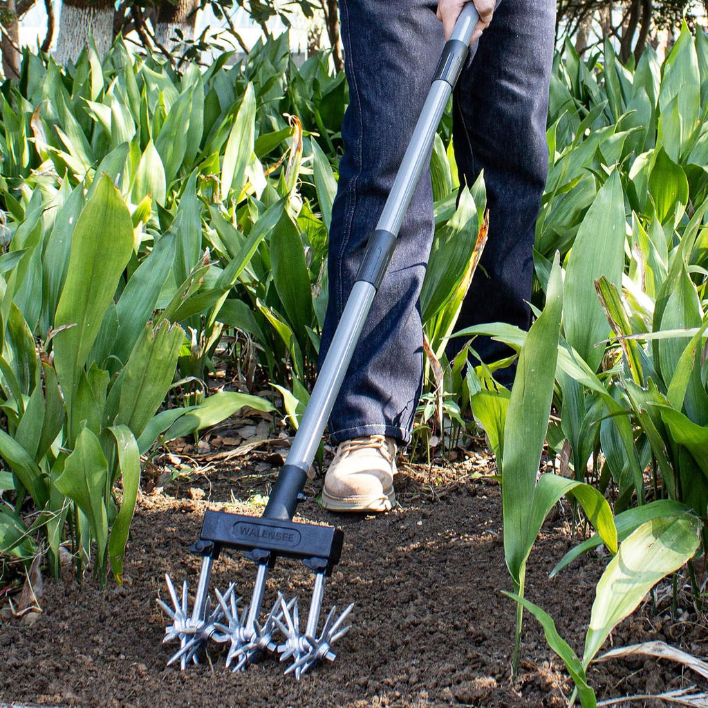 Walensee Rotary Cultivator, Hand Tiller for Soil Mixing or Reseeding | Star-Shaped Rotating Tines Break Up Soil Clods