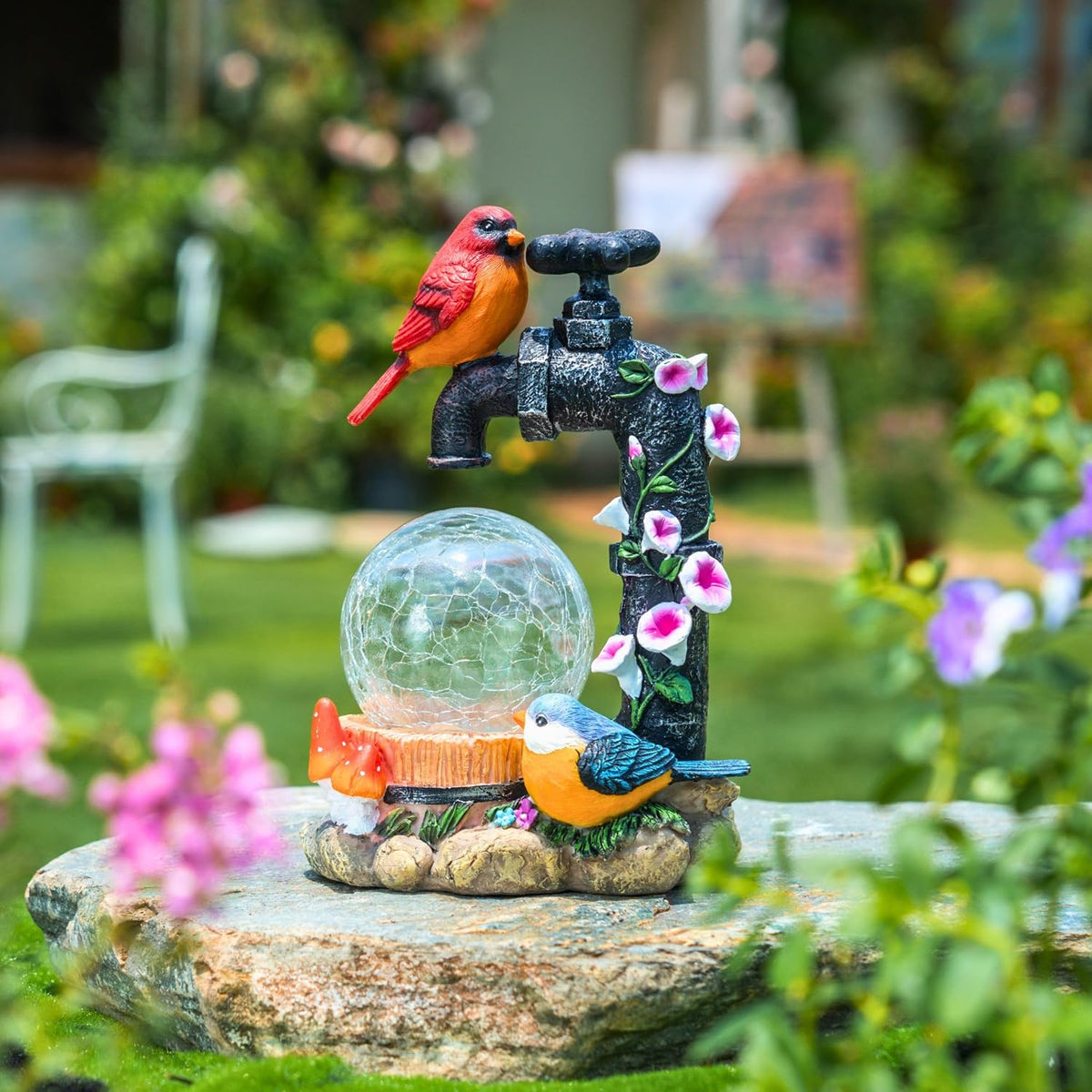 TERESA'S COLLECTIONS Garden Decor for Outside Red Cardinal Bird Statues with Outdoor Solar Lights, Resin Garden