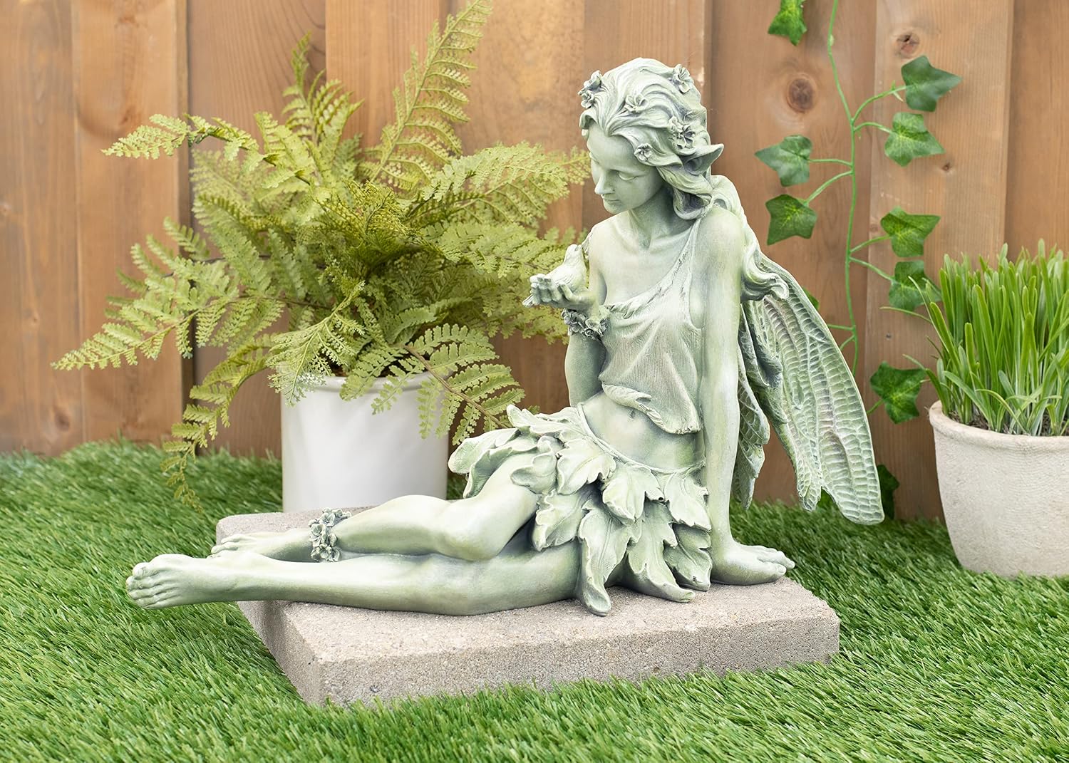 Napco Reclining Fairy with Bird 12 x 18.5 Inch Green Resin Cast Garden Statue