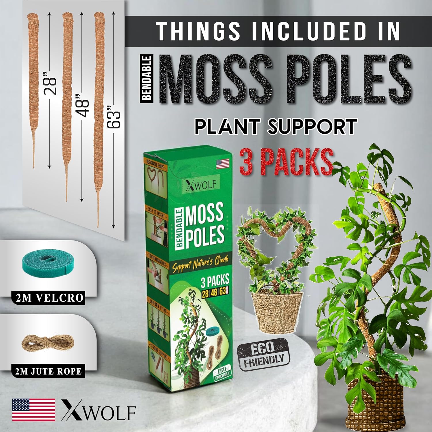 Moss Pole for Plants, 3 Pack of 28,48,63 inches | Coco Coir, Totem Poles for Climbing Plants, Monstera & Pothos Support
