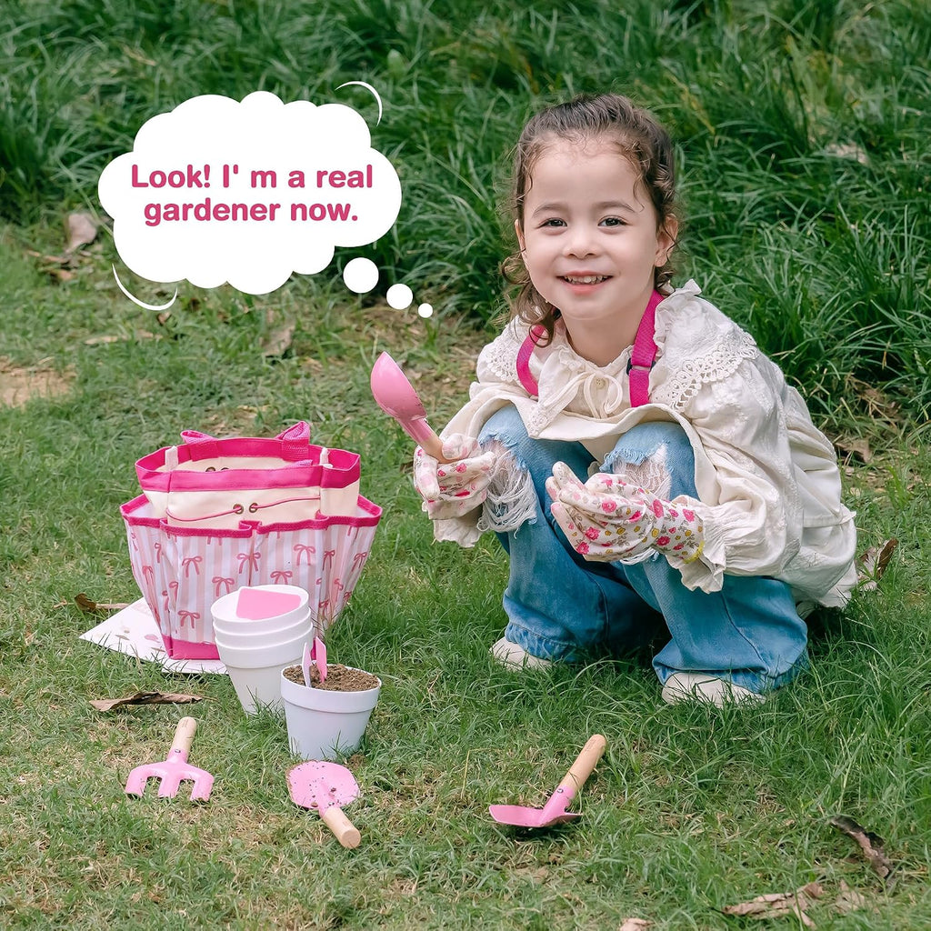 ROBUD Kids Gardening Set, Educational Outdoor STEM Gardening Toy Gift, Pink | 18 PCS Bow Theme, Storage Bag, Watering