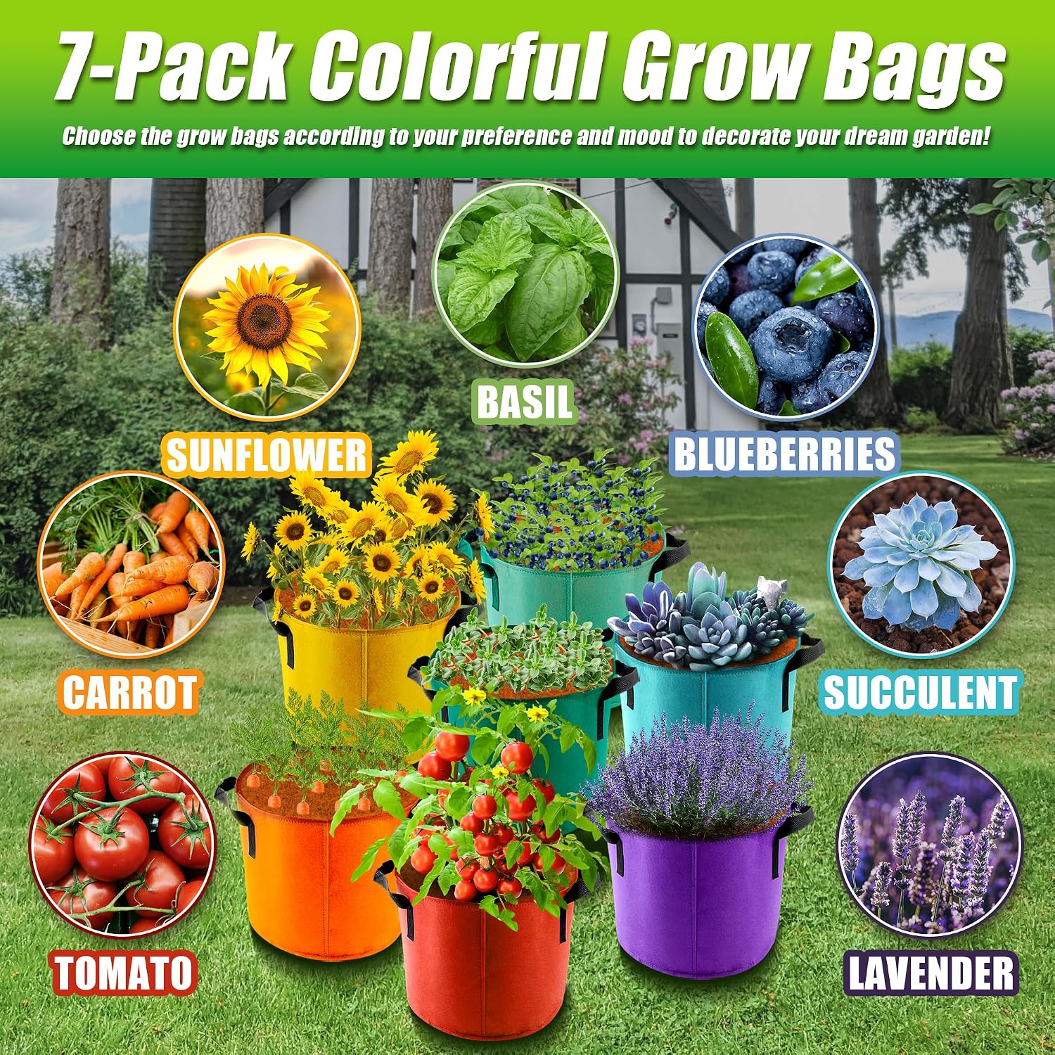 Sinimaka 10 Gallon Grow Bags, 7 Pack Colorful Fabric Plant Pots with Handles for Garden and Outdoor Planting