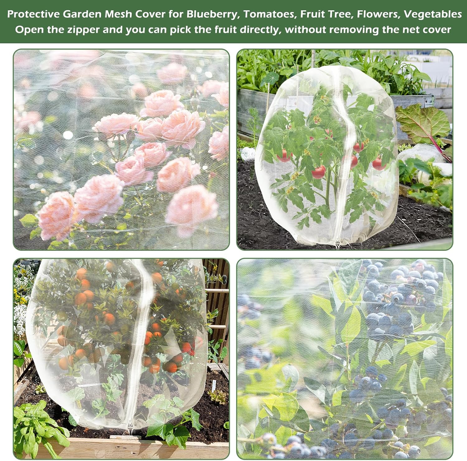 3Pcs Plant Covers from Insects, Bird Netting Barrier for Blueberry Bushes with Drawstring Zipper Mesh Garden Netting