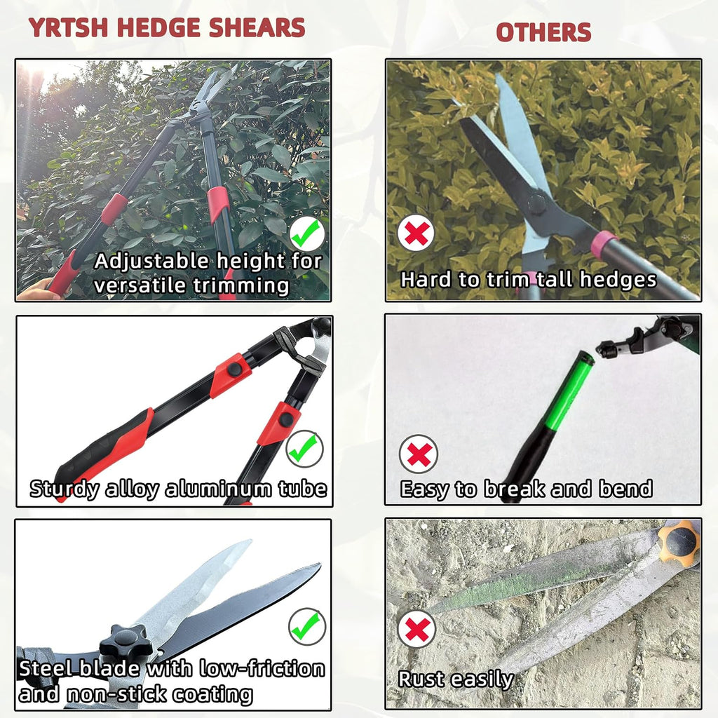 YRTSH Hedge Shears, Extendable 26"-32" Hedge Clippers with Sharp Wavy Blade | Manual Hedge Shears for Trimming Borders