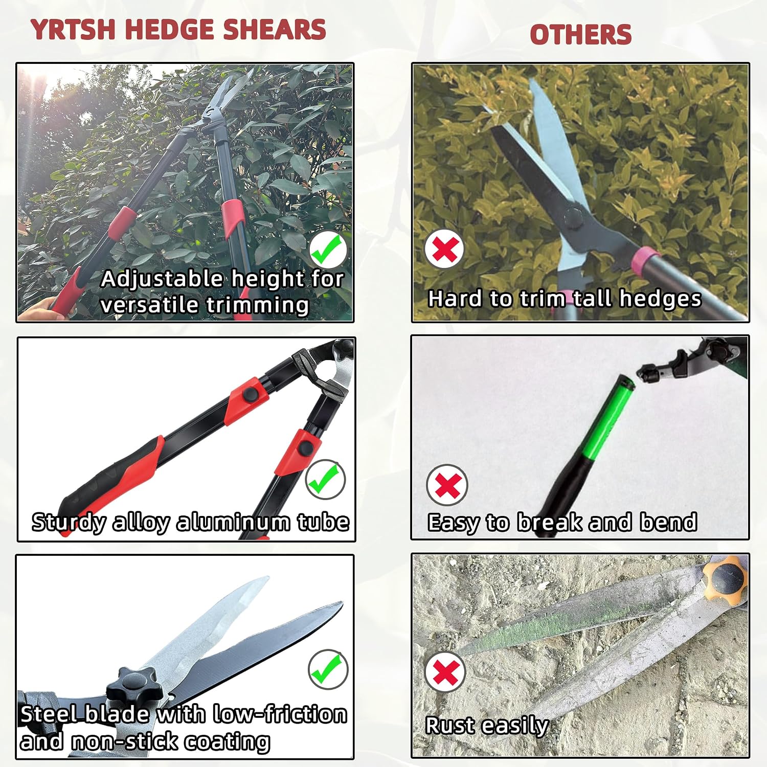 YRTSH Hedge Shears, Extendable 26"-32" Hedge Clippers with Sharp Wavy Blade | Manual Hedge Shears for Trimming Borders