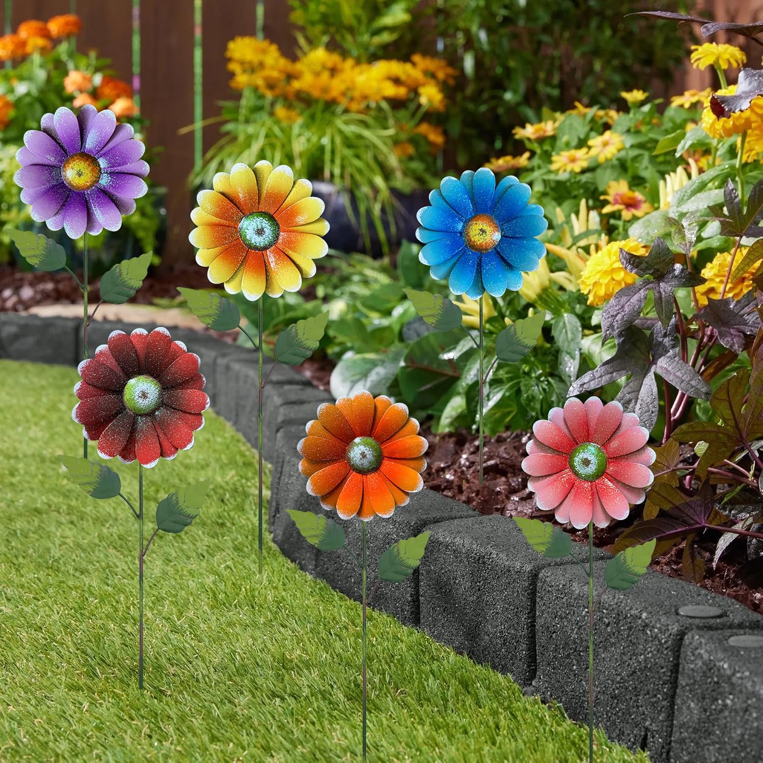 Metal Flower Garden Stakes, 6 Pc. Set,22 inch Outdoor Decor Stakes for Spring Decor, Rust and Weather Resistant Flowers