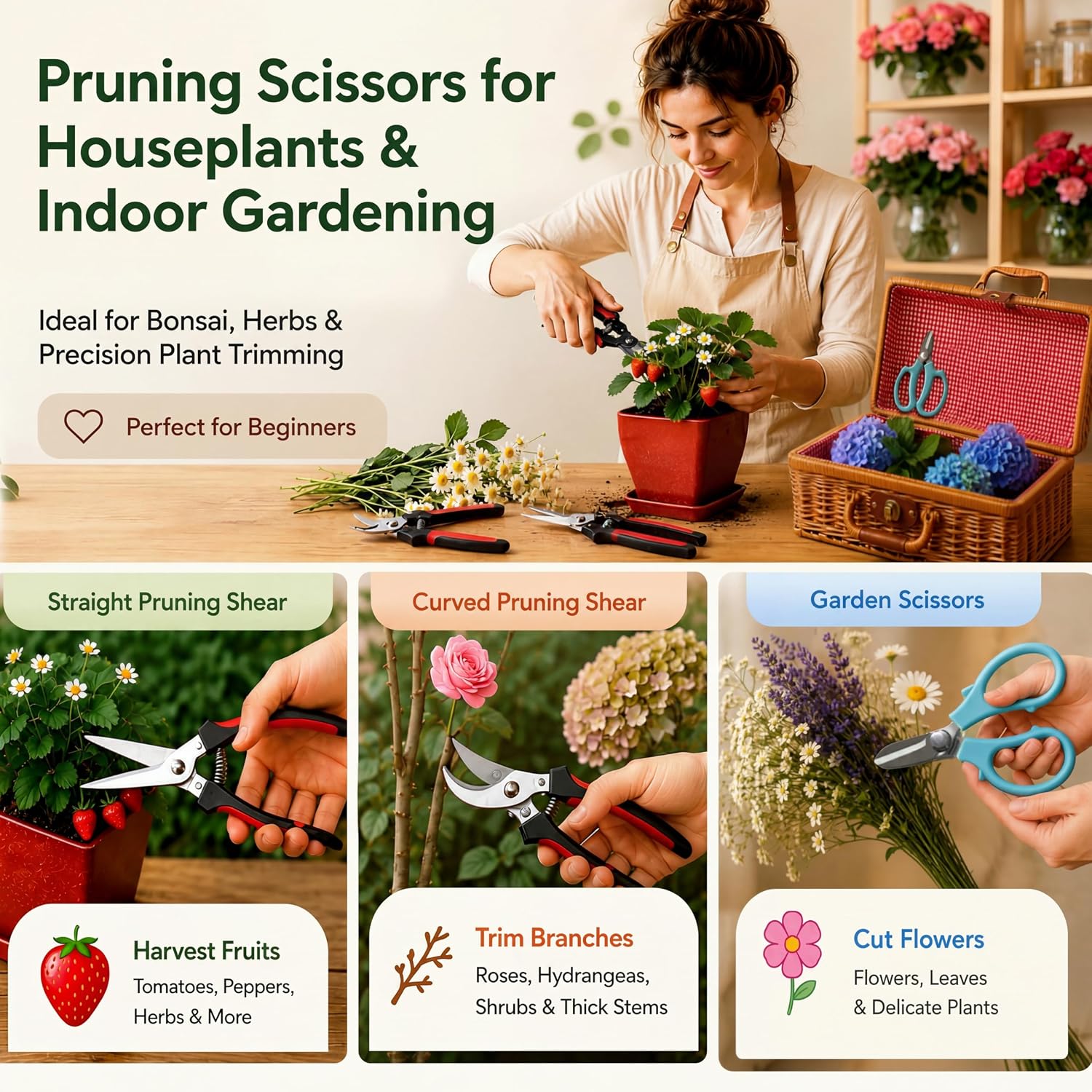 Repotting Mat and Planting Tools, Indoor Plants, Wicker Basket | All-in-one succulent repotting set, pruning shears