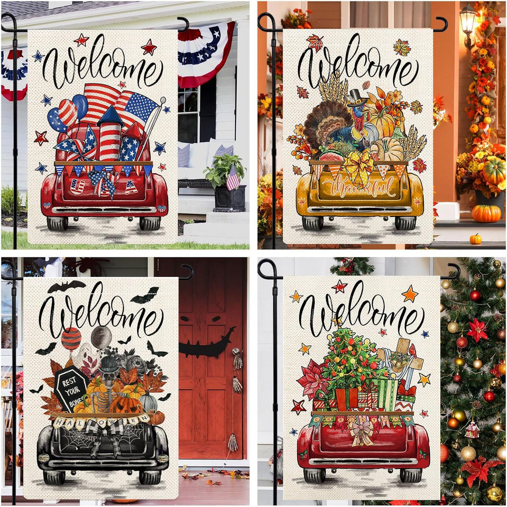 Rustic Truck Garden Flags for Outside Set of 12, Car Welcome Seasonal Garden Flags 12x18 Double Sided for All Seasons