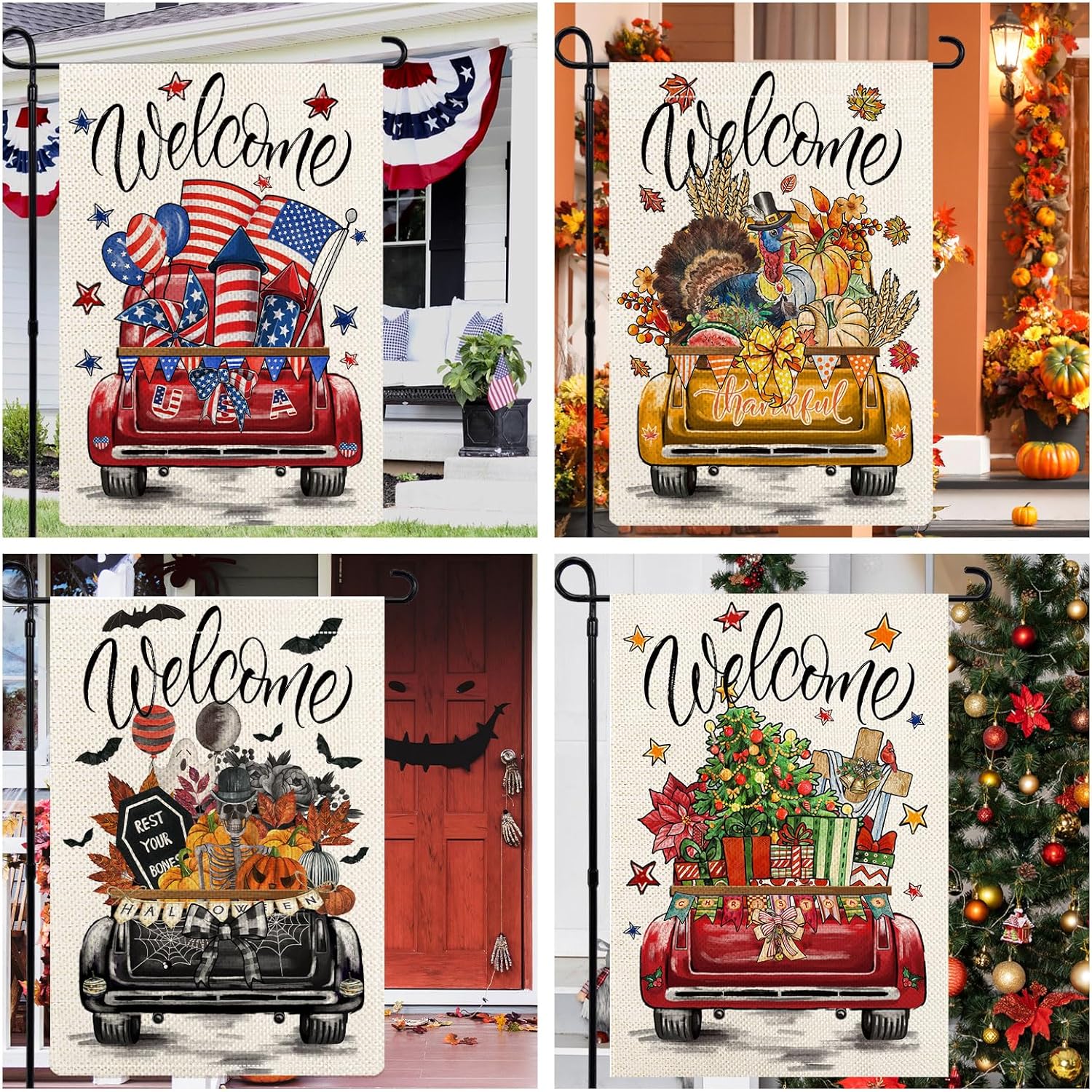 Rustic Truck Garden Flags for Outside Set of 12, Car Welcome Seasonal Garden Flags 12x18 Double Sided for All Seasons