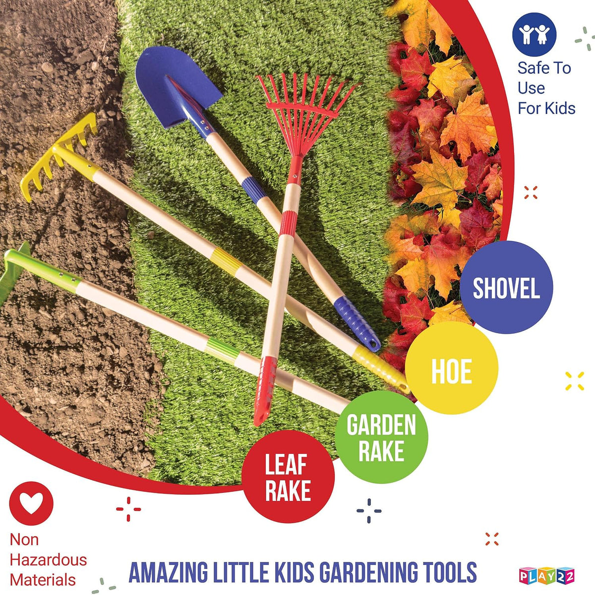 Play22 Kids Garden Tool Set Toy 4-Piece - Shovel, Rake, Hoe, Leaf Rake, Wooden Gardening Tools for Kids Best Outdoor