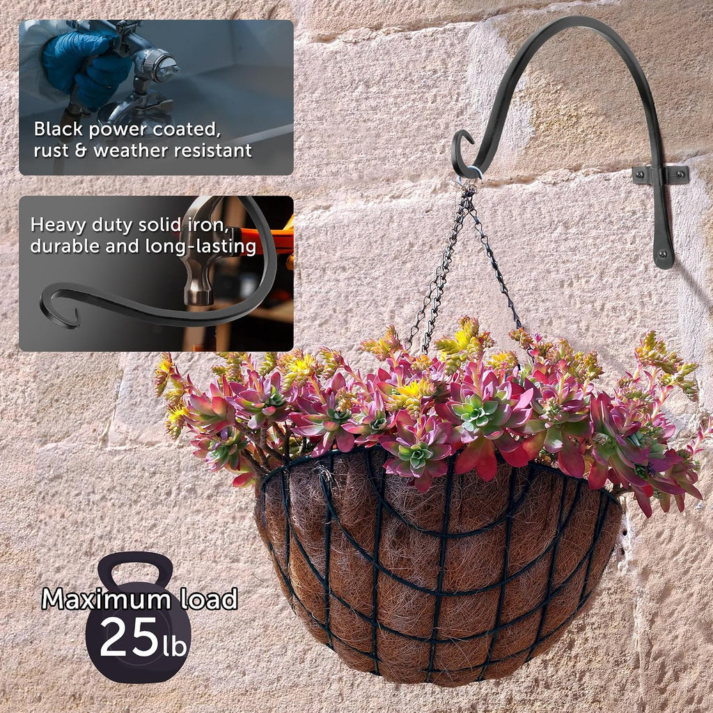 Worth Garden 6-Pack 14" Plant Hanger Bracket - Hand-Forged Wrought Iron Powder-Coated Heavy Duty Wall Hooks - Black