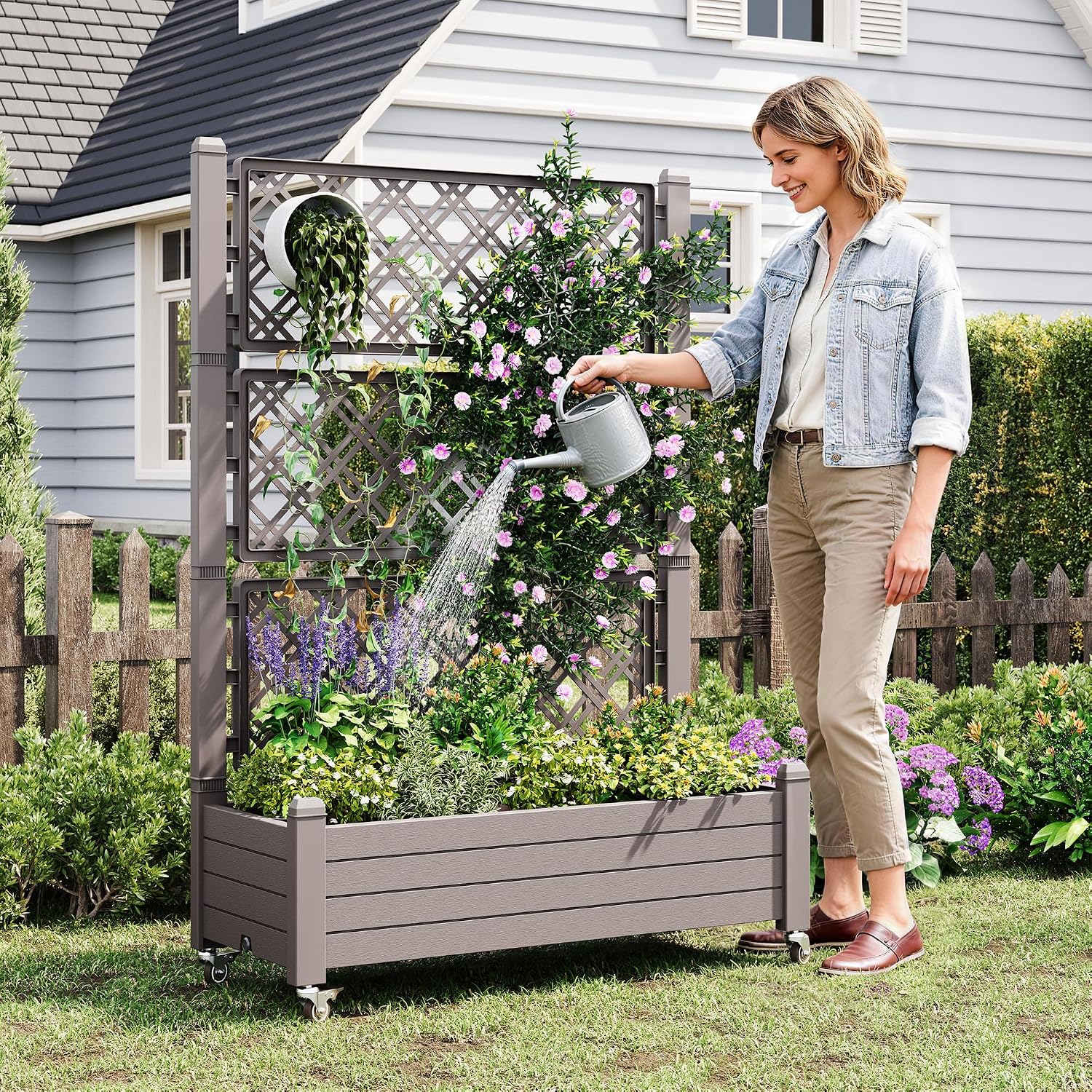 Resin Raised Garden Bed with Trellis and Wheels - Plasitc Planter Box with Trellis Outdoor with Drainage Holes & Water