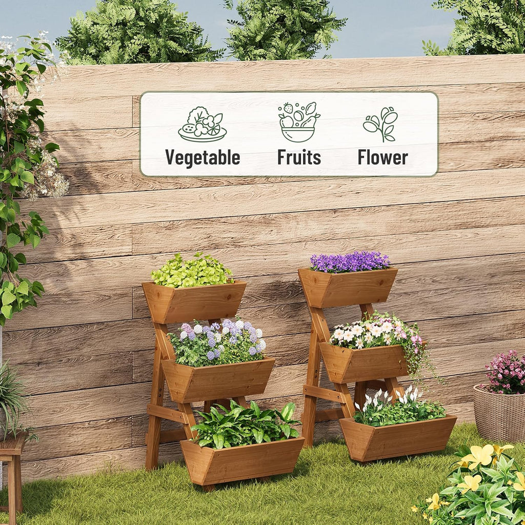 3-Tier Vertical Wooden Raised Garden Bed, Garden Planter Box, Small-Brown | Freestanding Wood Flower Rack, Planter Box