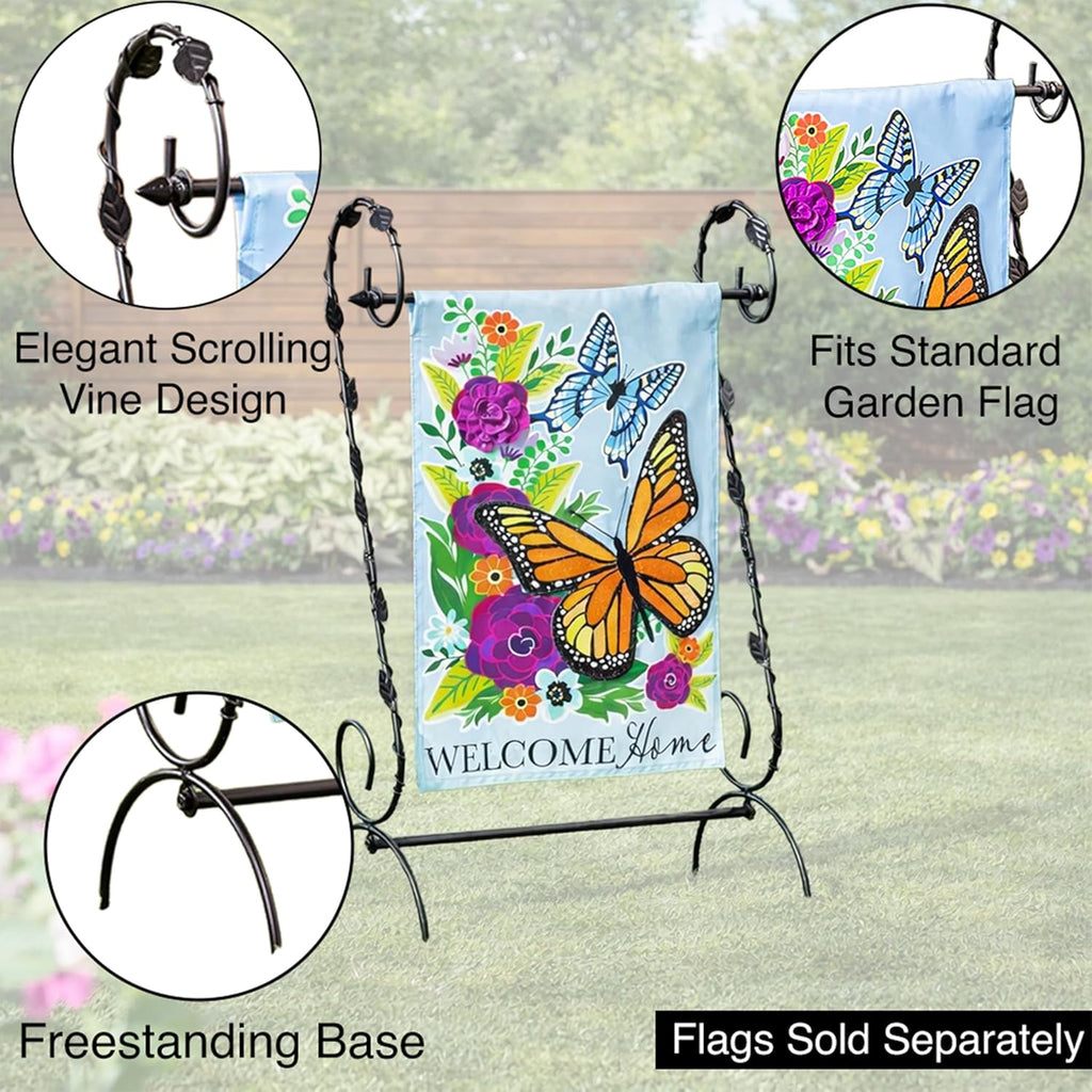 Evergreen Scroll American Garden Flag Stand Leaves Vine | Premium Metal Iron Flag Holder Stand | Fits 12x18 Garden