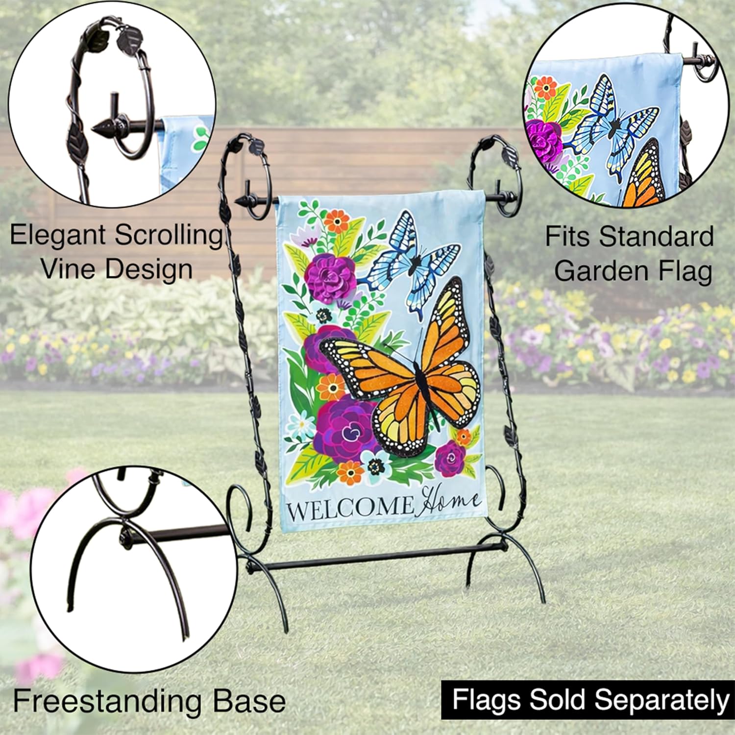 Evergreen Scroll American Garden Flag Stand Leaves Vine | Premium Metal Iron Flag Holder Stand | Fits 12x18 Garden
