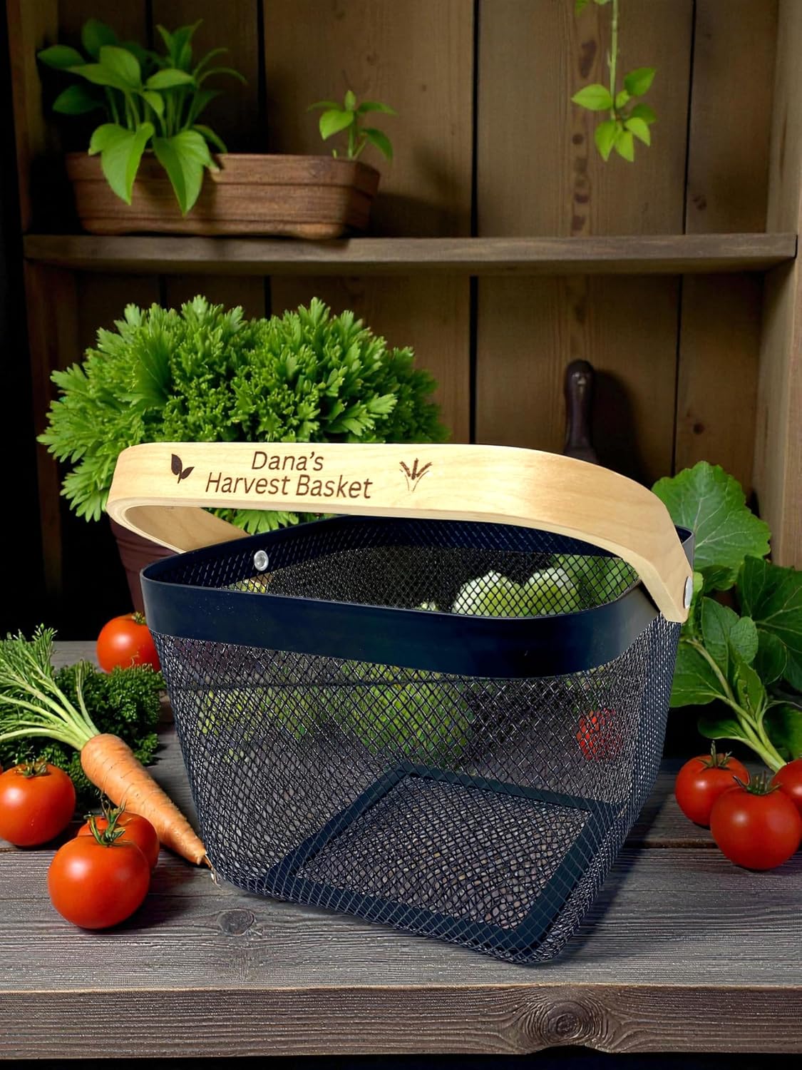 PersonalizedMetal Mesh Harvest Basket with Custom Engraved Handle, Gift For Gardeners, Vegitable Harvesting Basket