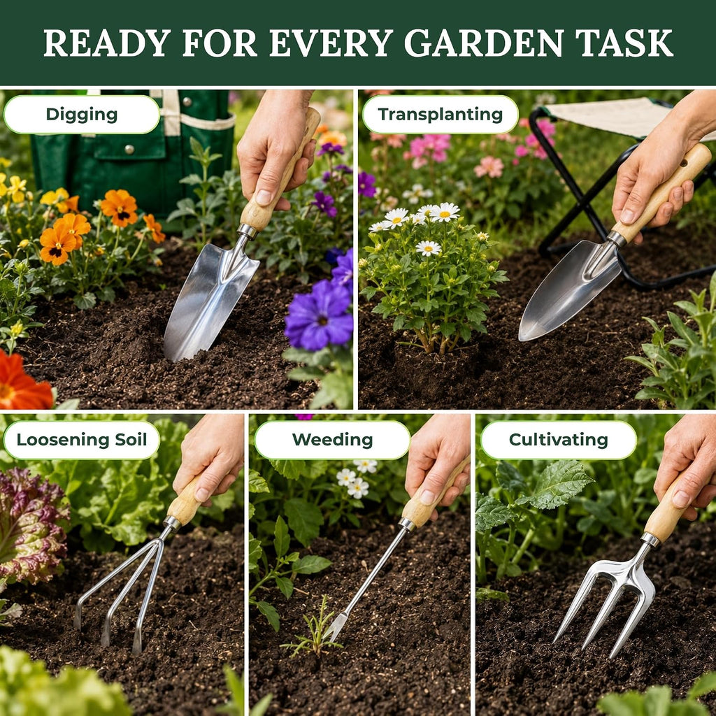 7-Piece Gardening Tool Set with Folding Stool and Storage Tote Bag, Stainless Steel Garden Tools with Wooden Handles