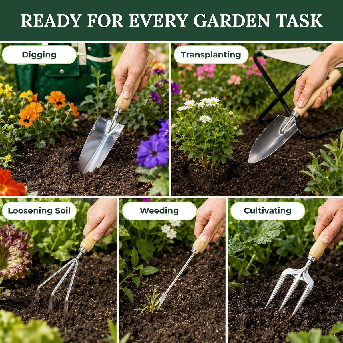 7-Piece Gardening Tool Set with Folding Stool and Storage Tote Bag, Stainless Steel Garden Tools with Wooden Handles