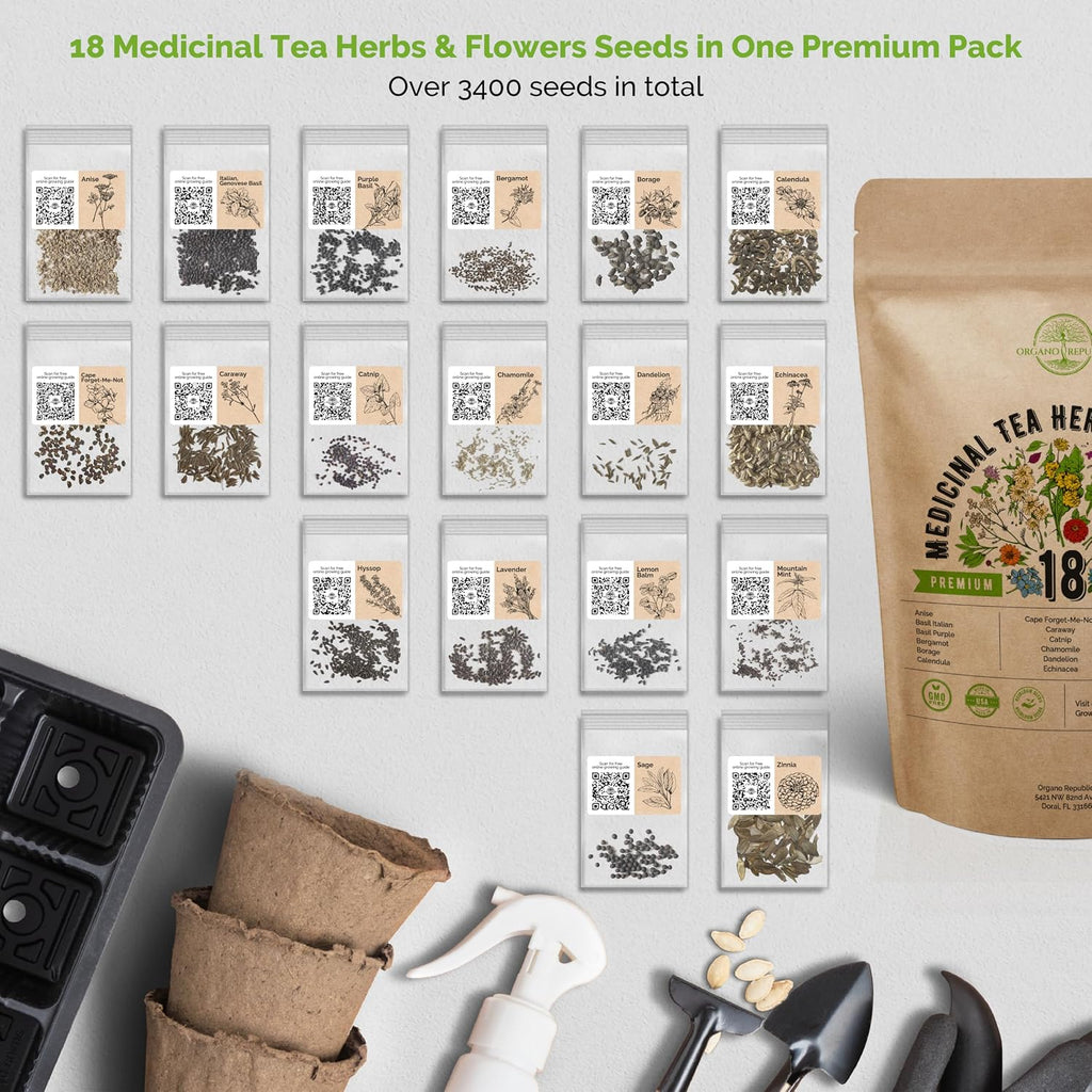 18 Medicinal Tea Herb & Flower Seeds Variety Pack- Indoor/Outdoor. 3400+ Non-GMO Heirloom Flower Seeds: Anise
