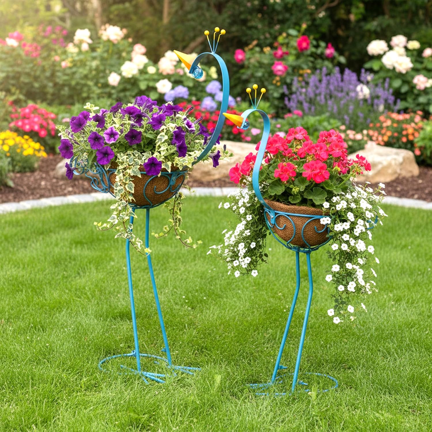 Peacock Metal Plant Stand Flower Pots Holders Plants with Coconut Pots | Manortang 2 Sets Planters for Outdoor Indoor