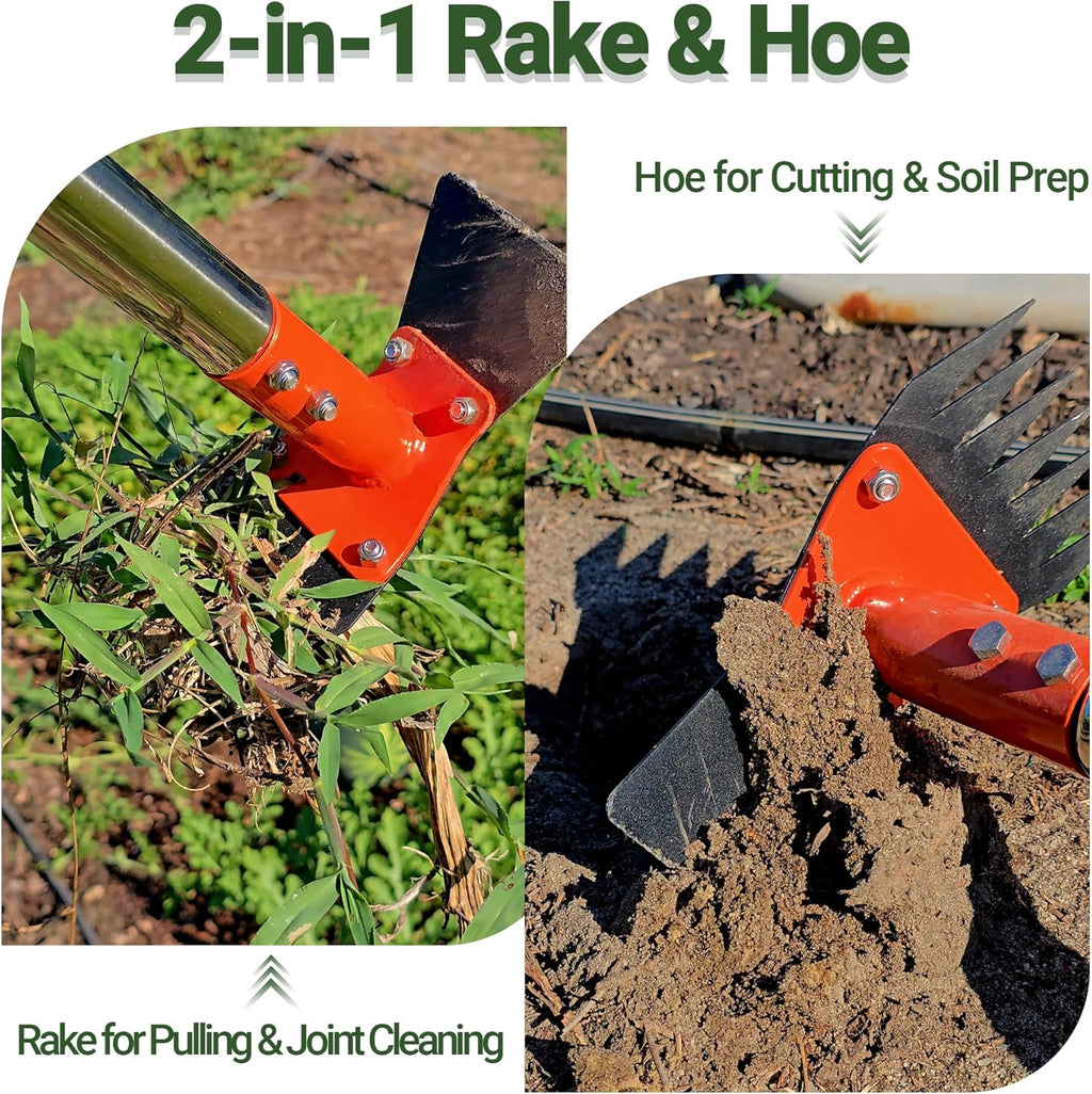 2-in-1 Garden Hoe and Weed Puller Rake 60 Inch Spring Steel Head | Adjustable Long Handle Weeding Tool Heavy Duty Sand