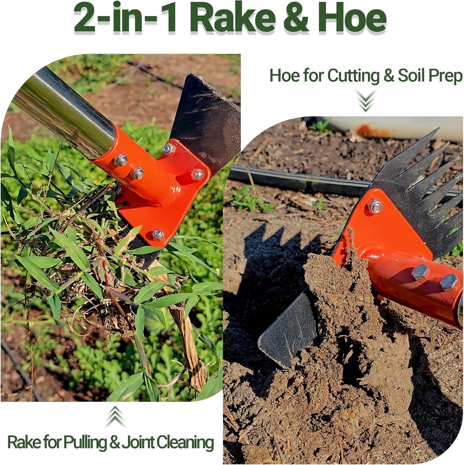 2-in-1 Garden Hoe and Weed Puller Rake 60 Inch Spring Steel Head | Adjustable Long Handle Weeding Tool Heavy Duty Sand