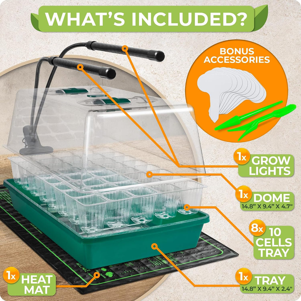 Seed Starter Tray with Grow Lights and Heating Mat - 40 Cell Plant Germination Tray with 4.7" Humidity Dome Seed