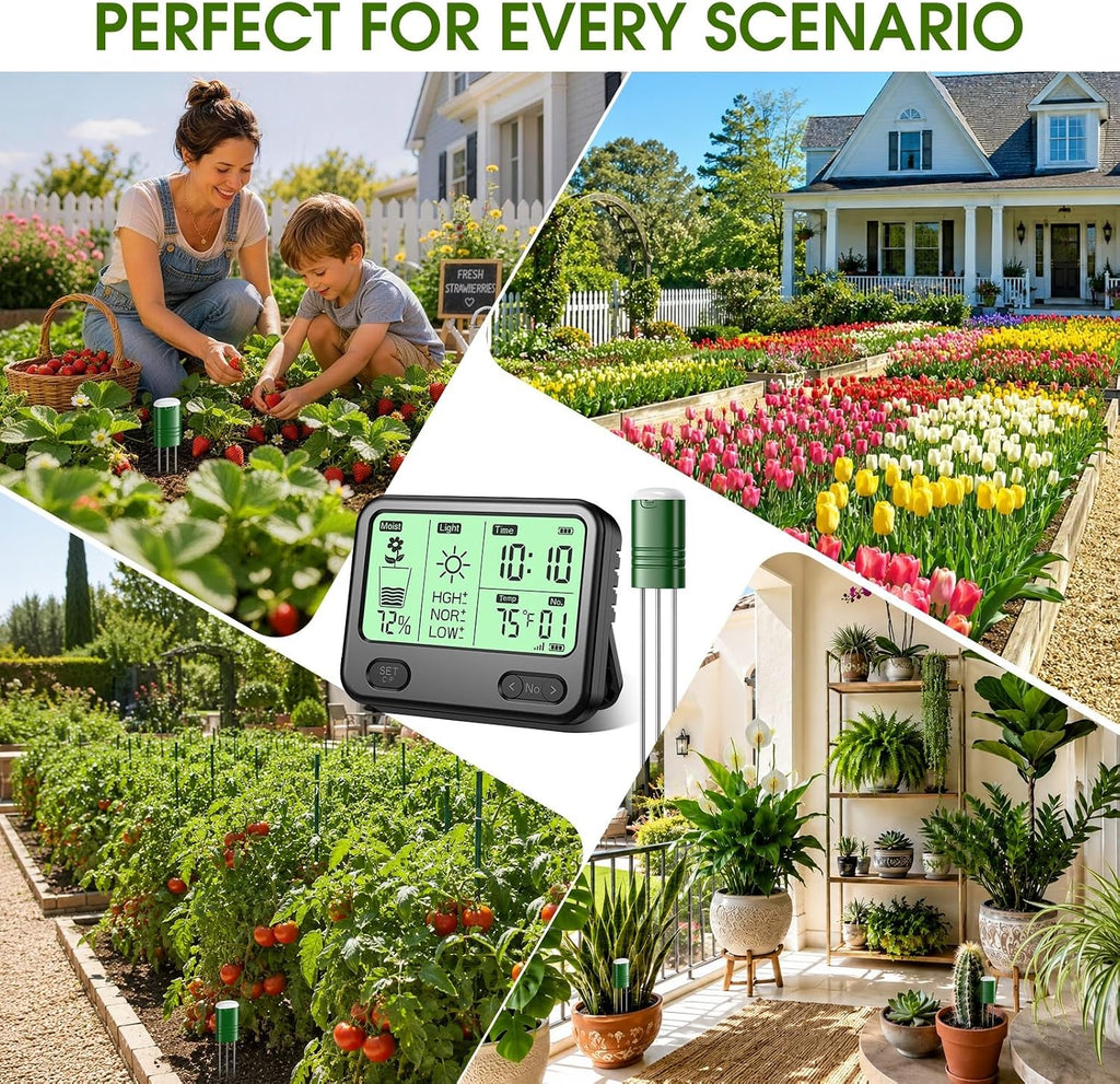 Soil Moisture Meter for Plants,4-in-1 Wireless Soil Tester,Soil Thermometer/Moisture/Sunlight Time,Large