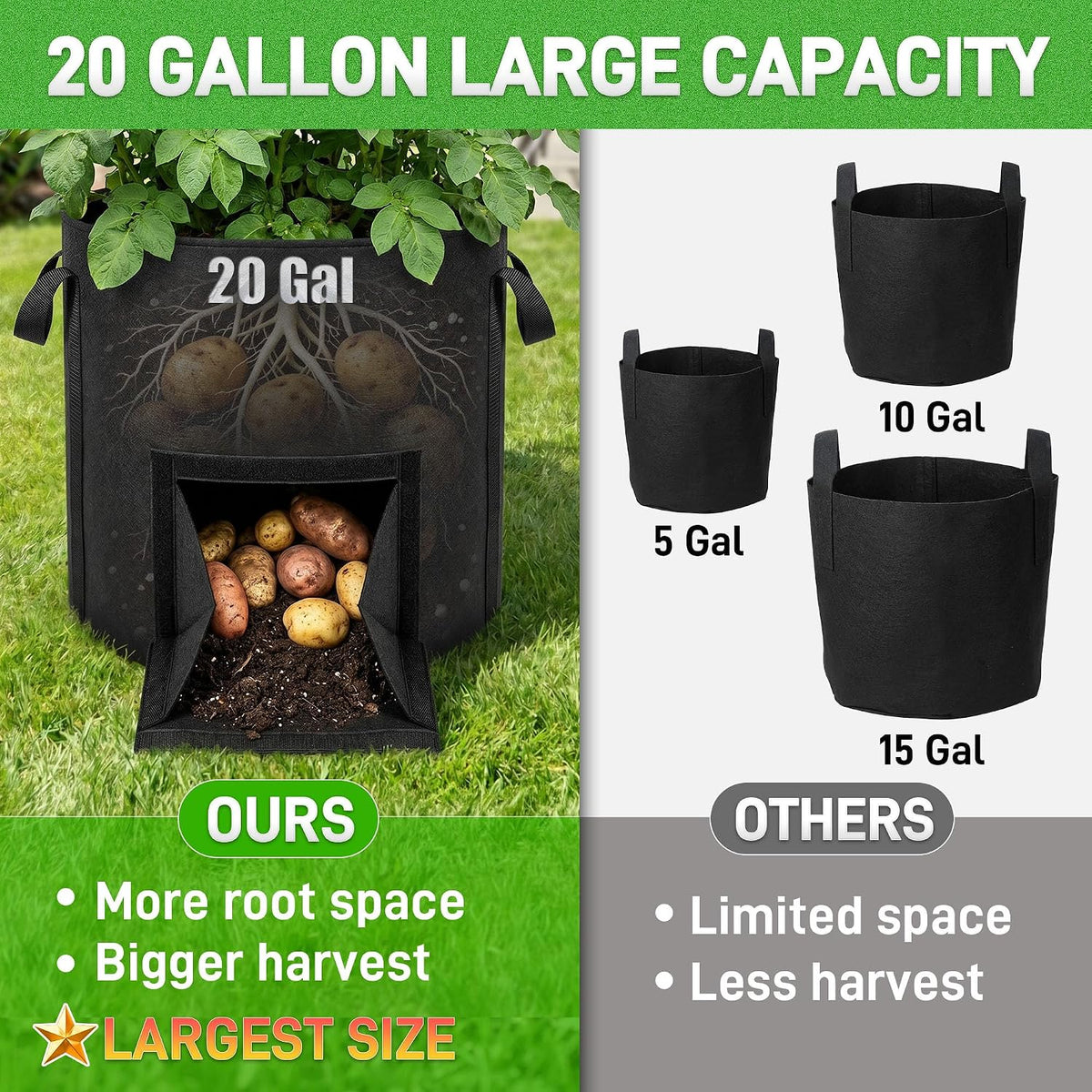 Mulctun 5Pcs 20 Gallon Potato Grow Bags, Grow Bags with Harvest & Visible Windows,Potato Bags for Growing Potatoes with